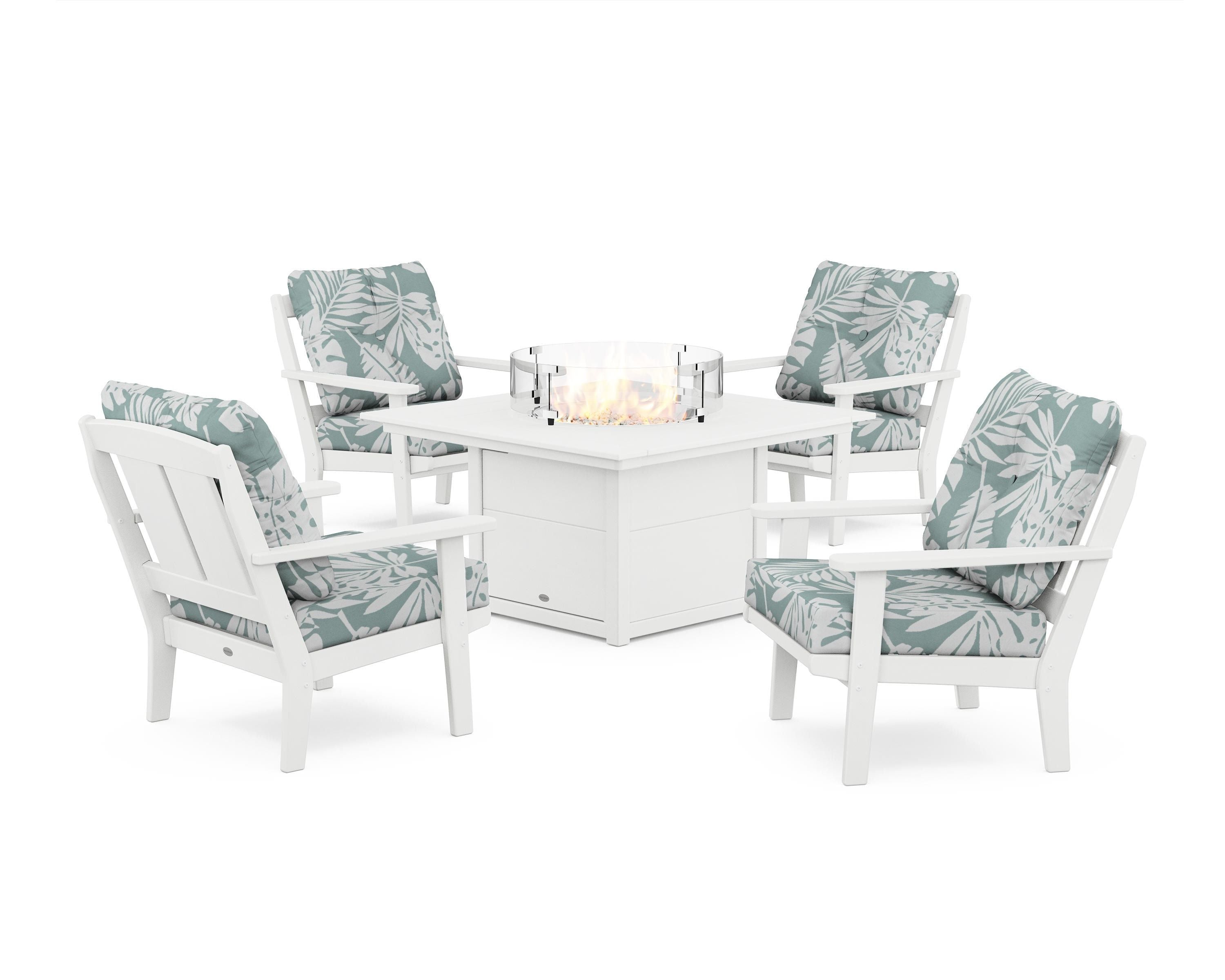 POLYWOOD Mission 5-Piece Deep Seating Set with Fire Pit Table in White / Leaf Glacier Spa