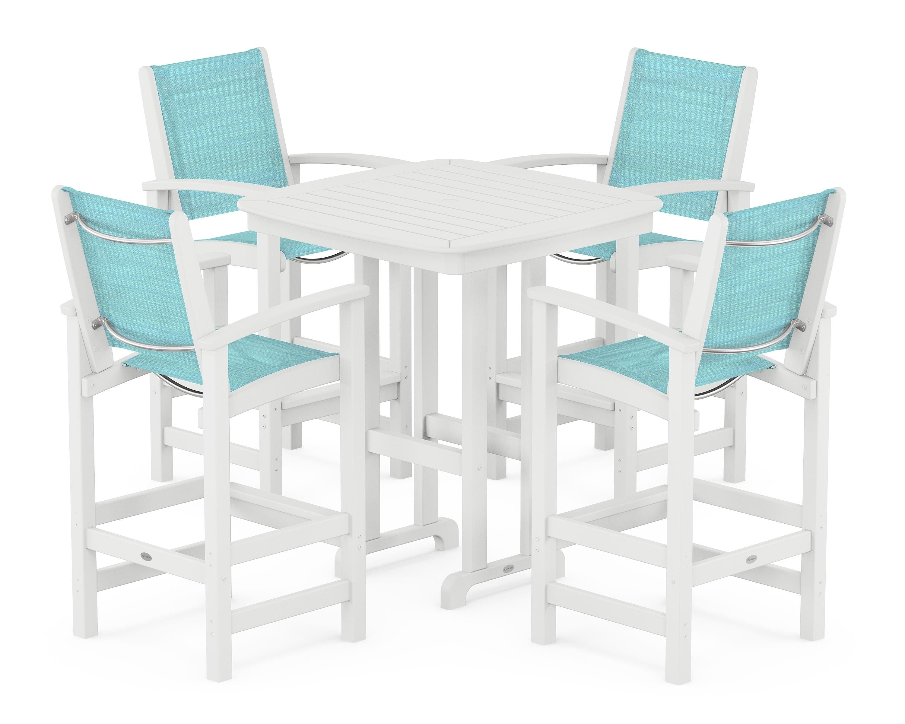 POLYWOOD Coastal 5-Piece Bar Set in White / Dupioni Aquamarine Sling
