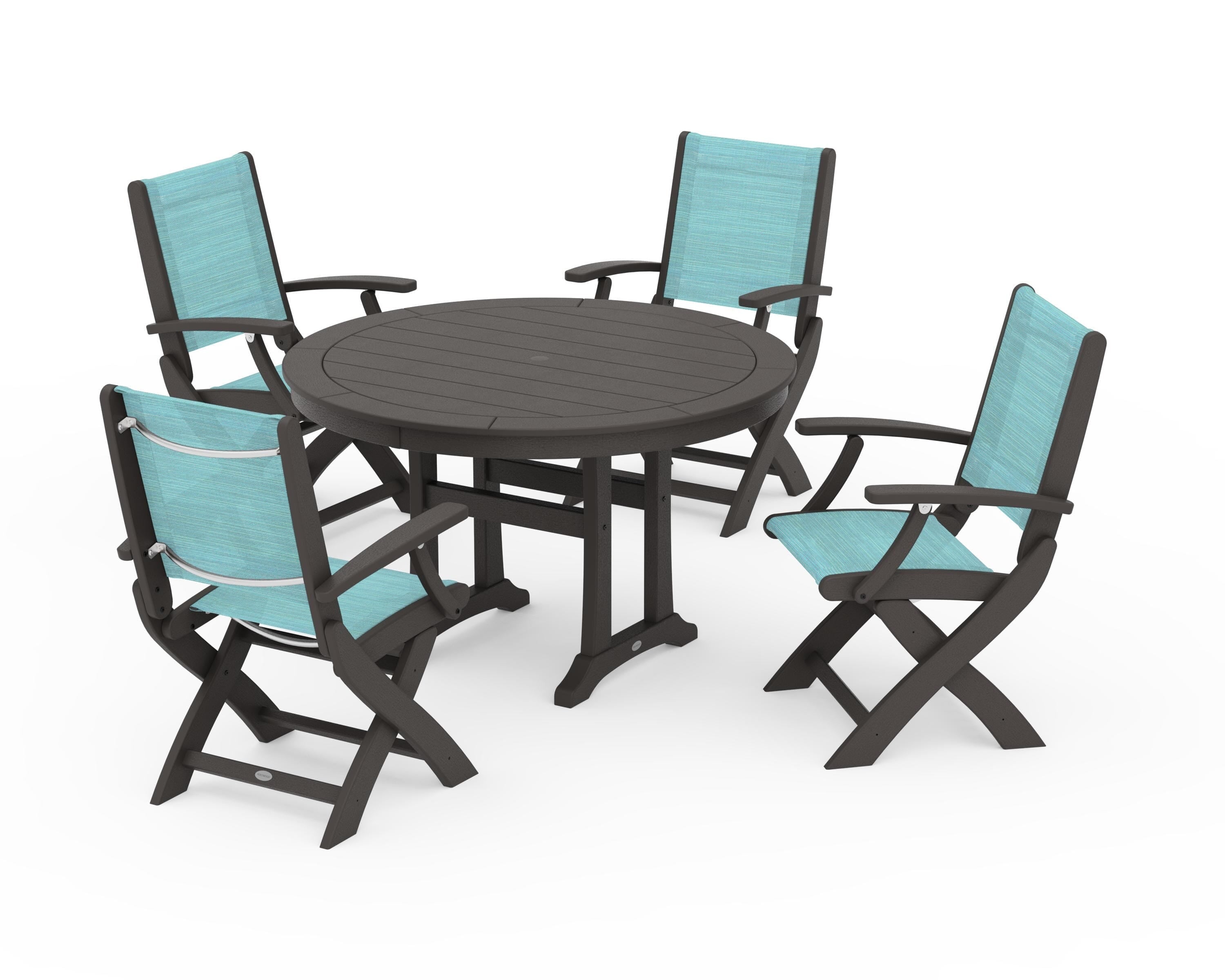 POLYWOOD Coastal Folding Chair 5-Piece Round Dining Set with Trestle Legs in Vintage Coffee / Dupioni Aquamarine Sling