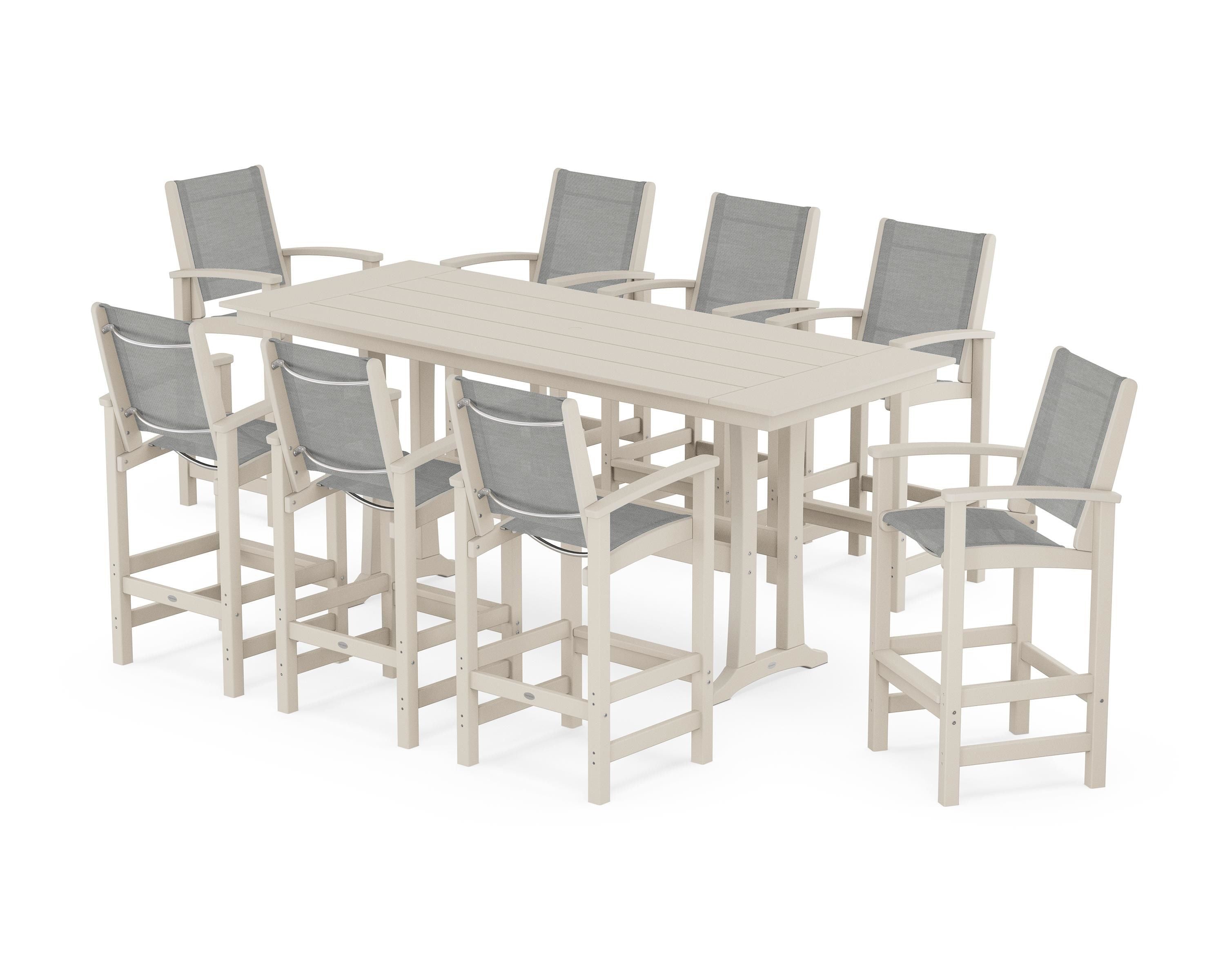 POLYWOOD Coastal 9-Piece Farmhouse Bar Set with Trestle Legs in Sand / Metallic Sling
