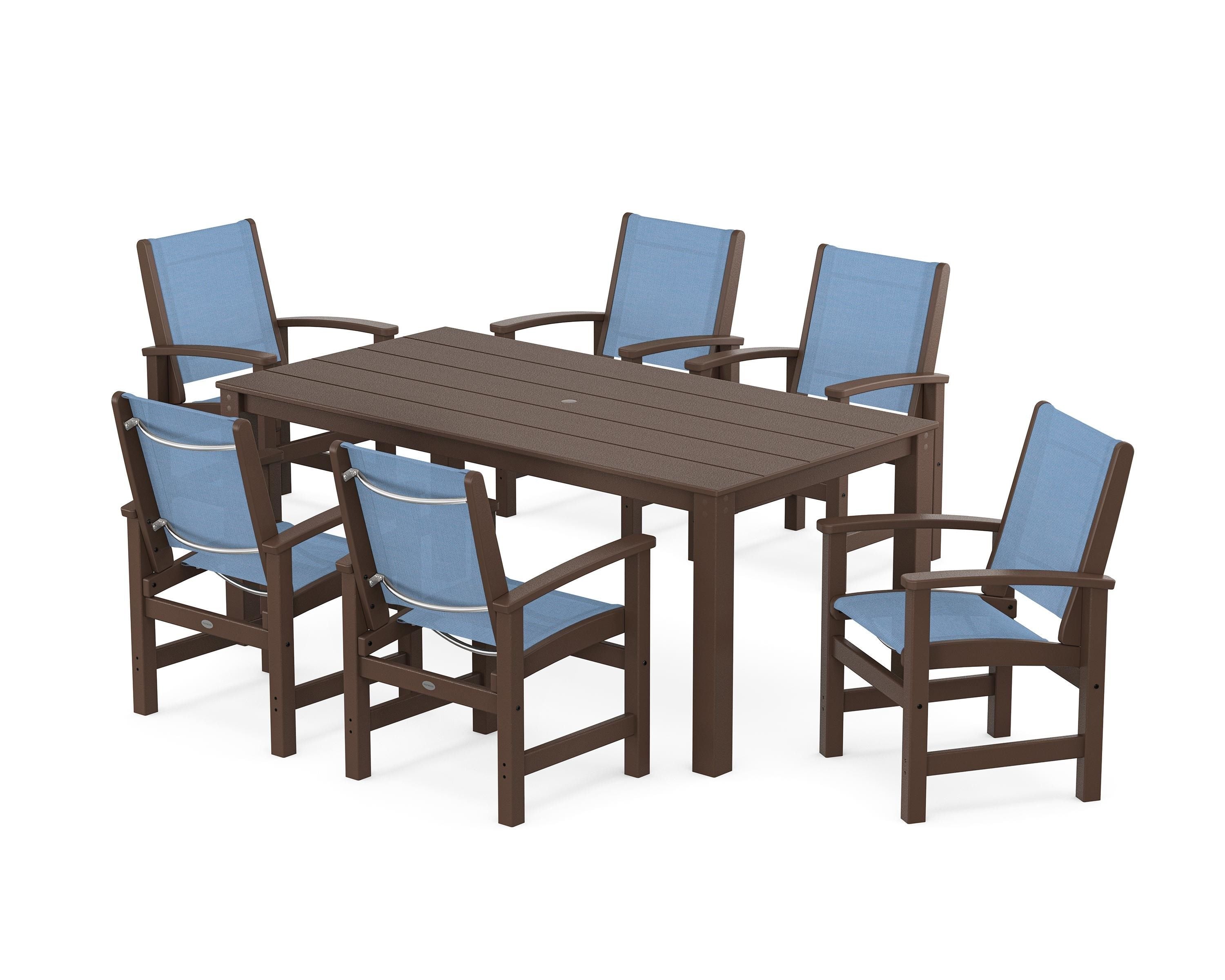 POLYWOOD Coastal 7-Piece Parsons Dining Set in Mahogany / Poolside Sling