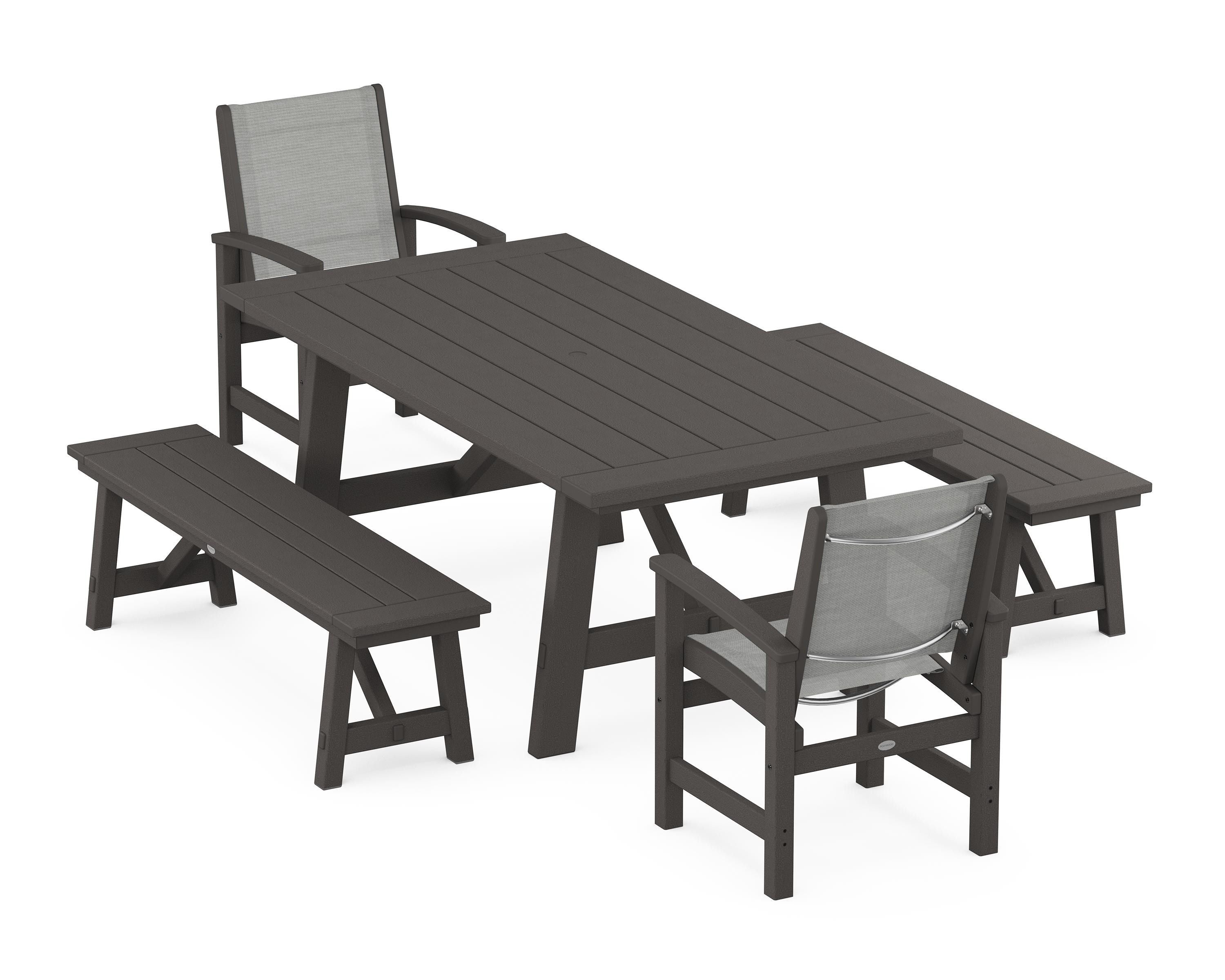POLYWOOD Coastal 5-Piece Rustic Farmhouse Dining Set With Benches in Vintage Coffee / Metallic Sling