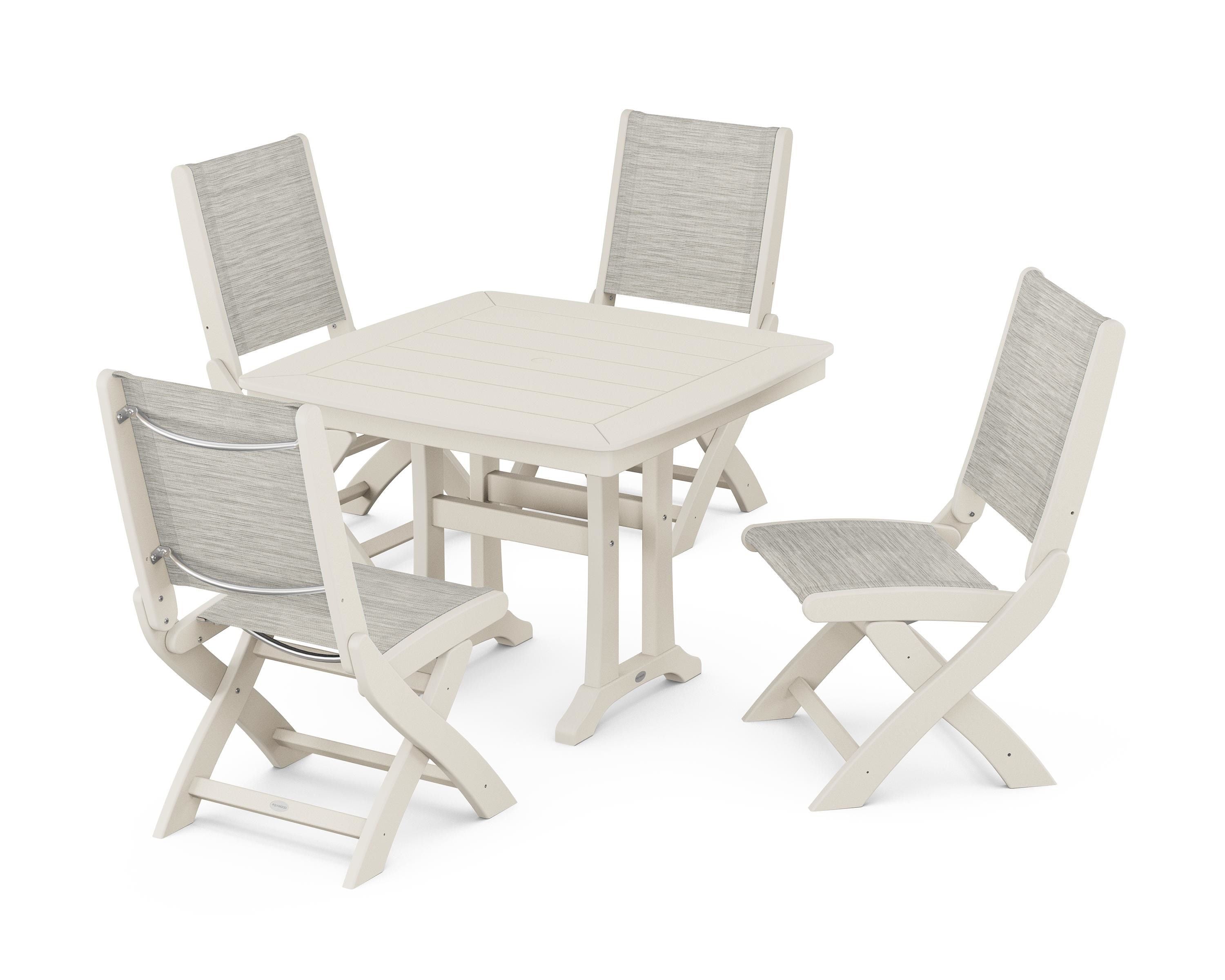 POLYWOOD Coastal Folding Side Chair 5-Piece Dining Set with Trestle Legs in Sand / Birch Sling