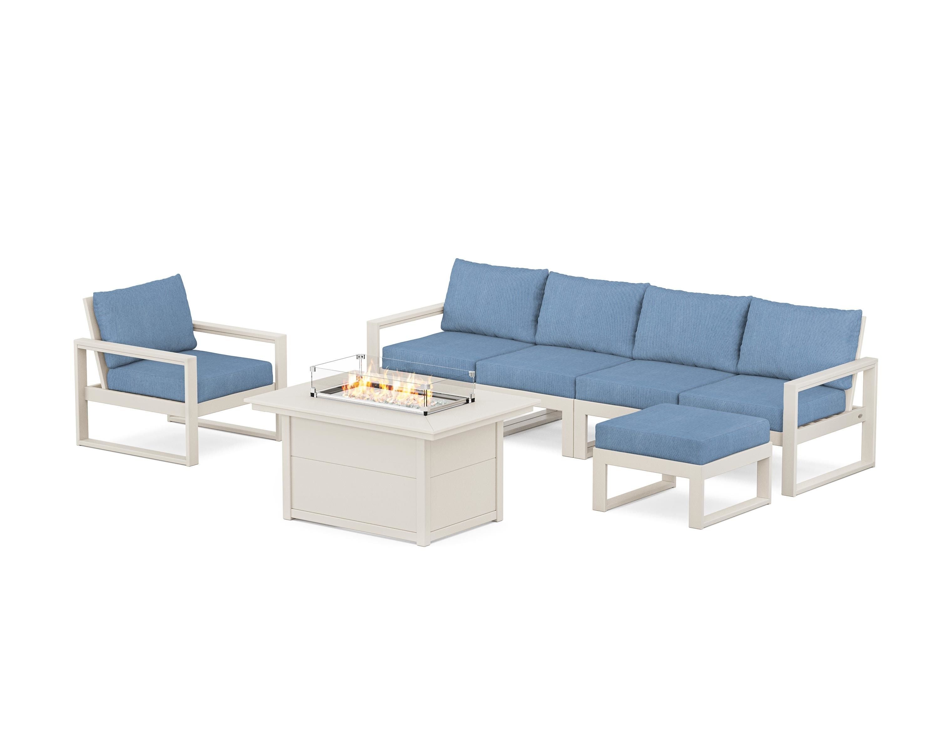 POLYWOOD EDGE Sectional Lounge and Fire Pit Set in Sand / Sky Blue