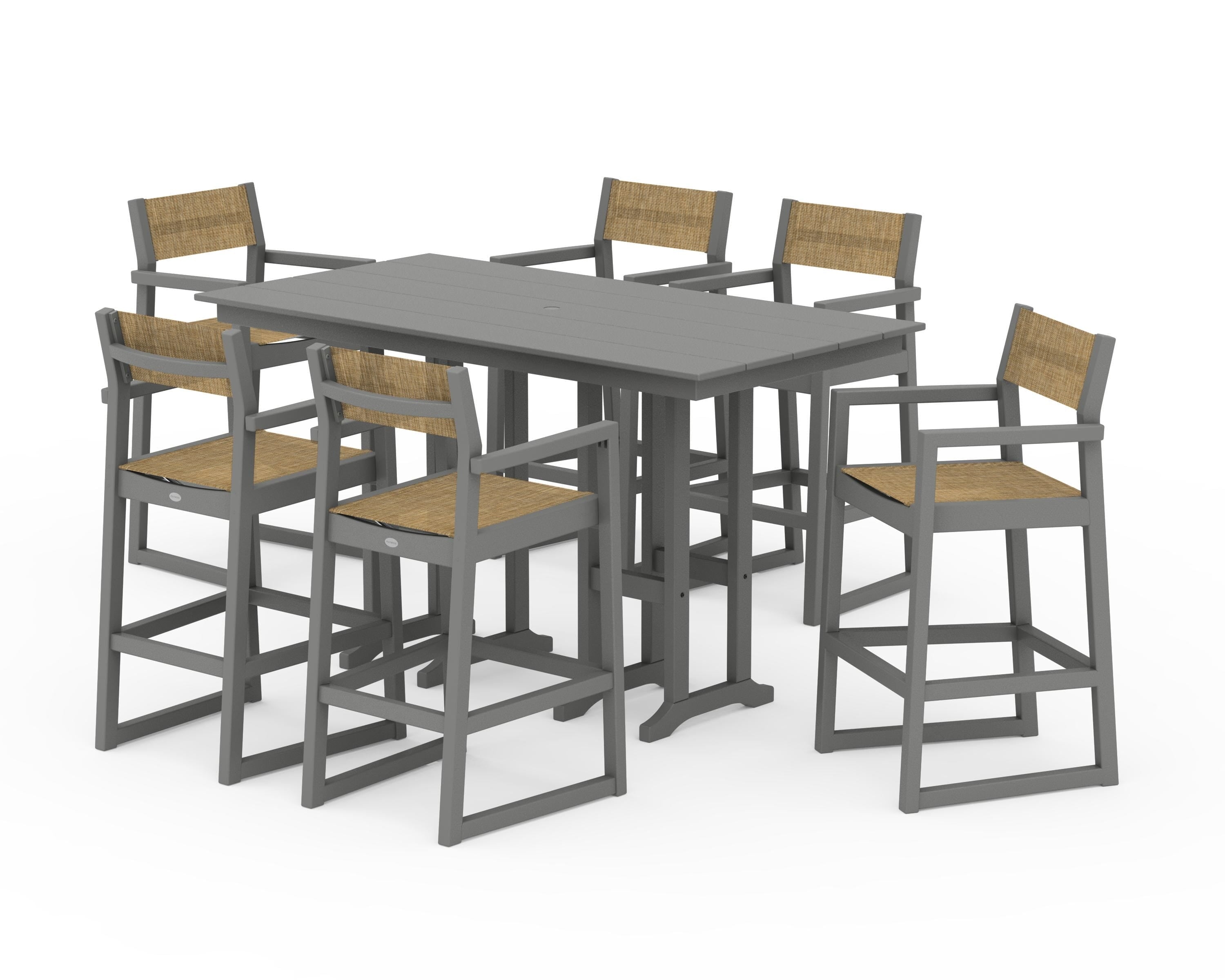 POLYWOOD EDGE Sling Arm Chair 7-Piece Farmhouse Bar Set in Slate Grey / Burlap Sling
