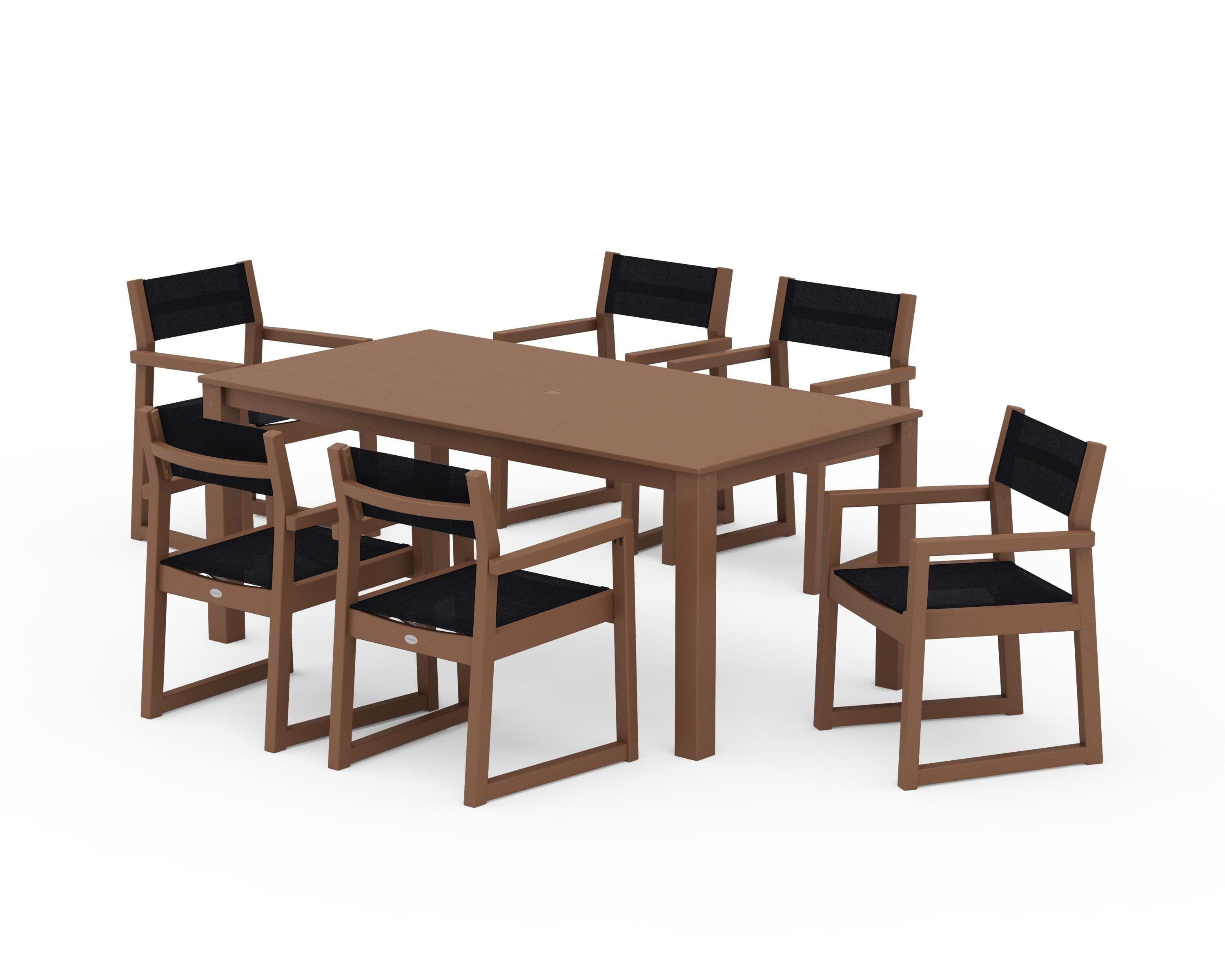 POLYWOOD EDGE Sling Arm Chair 7-Piece Parsons Dining Set in Teak / Black Sling