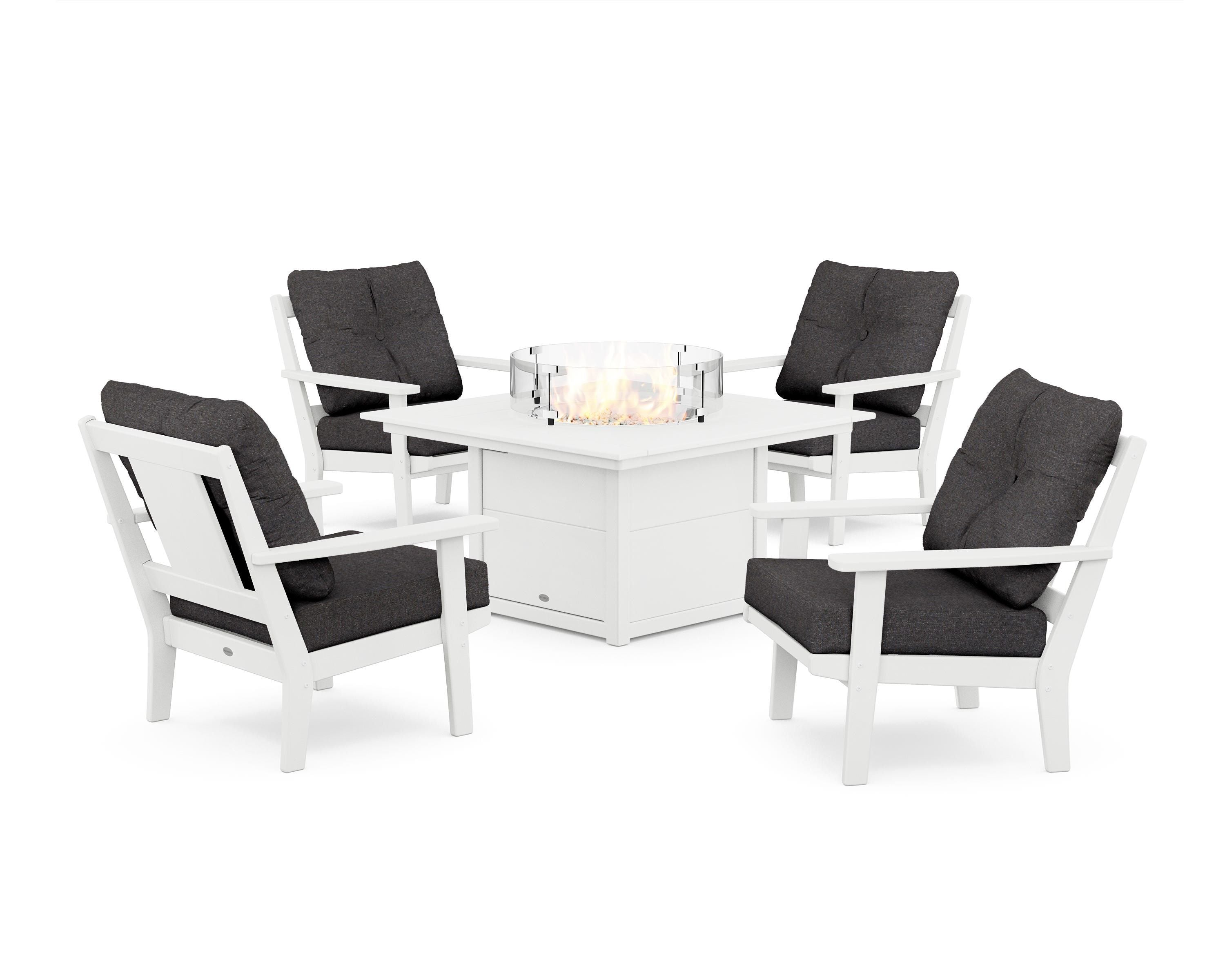 POLYWOOD Prairie 5-Piece Deep Seating Set with Fire Pit Table in White / Ash Charcoal