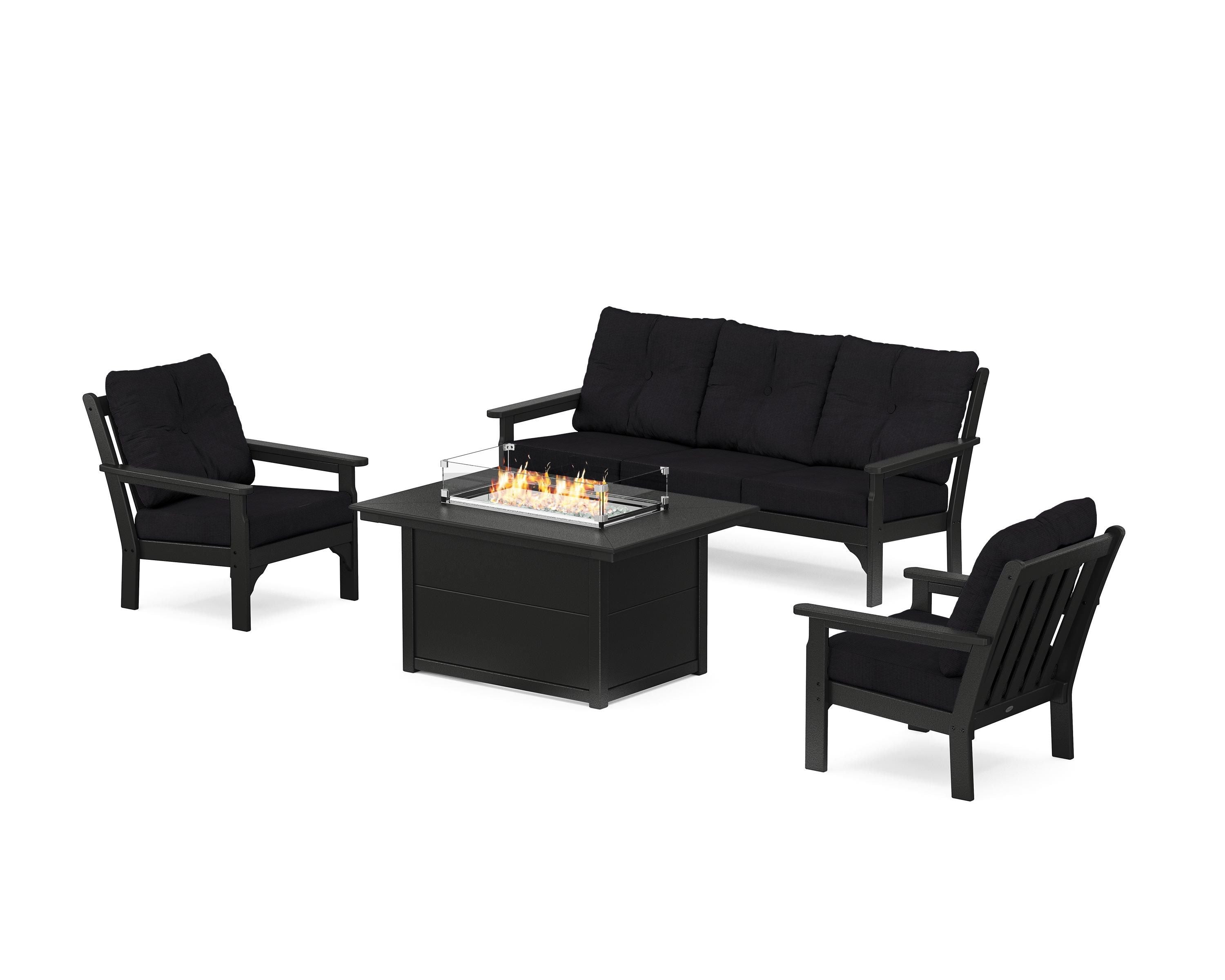 POLYWOOD Vineyard Deep Seating Fire Pit Table Set in Black / Midnight Linen