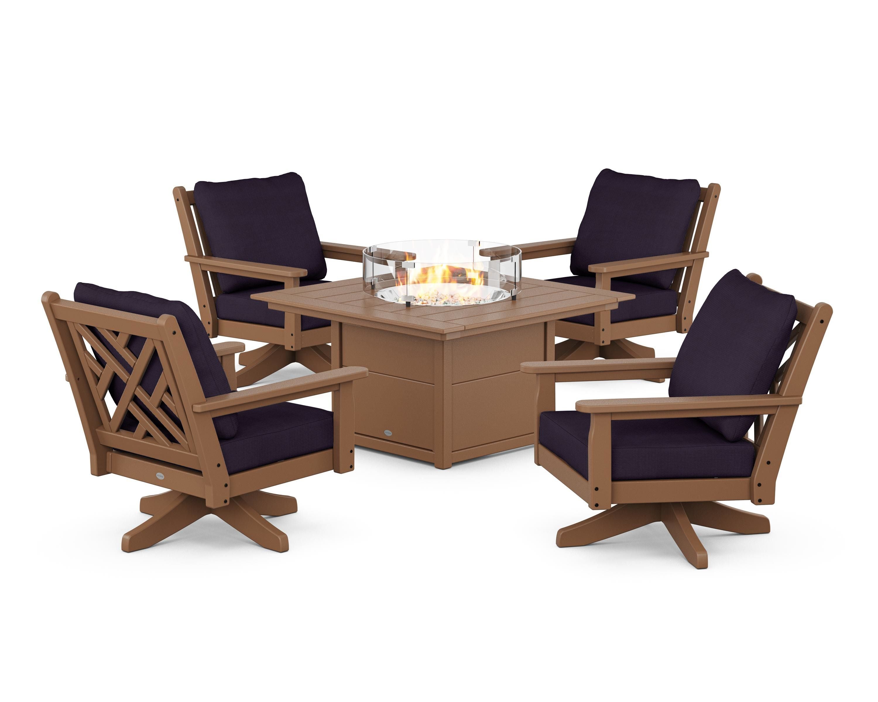 POLYWOOD Chippendale 5-Piece Deep Seating Swivel Conversation Set with Fire Pit Table in Teak / Navy Linen