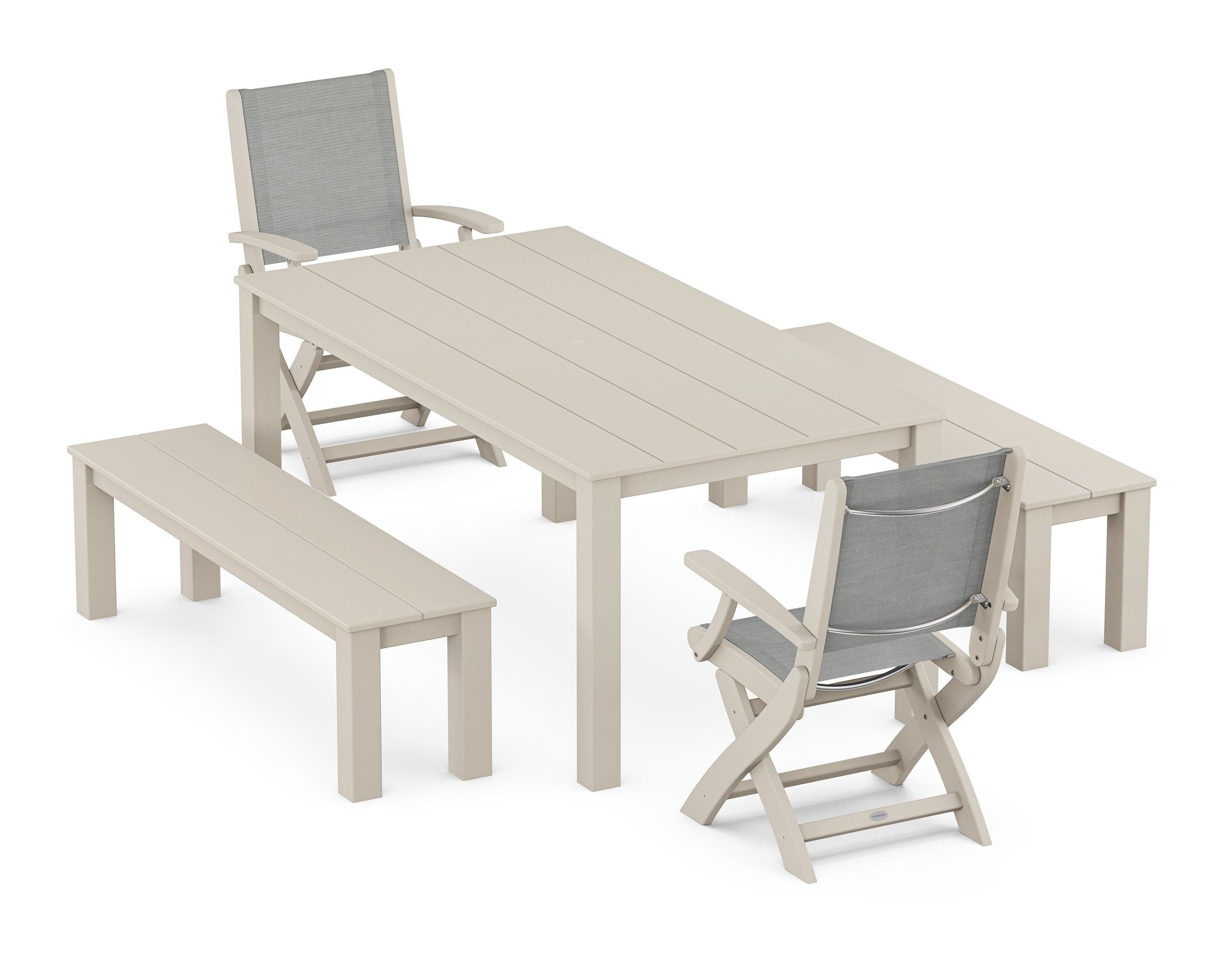 POLYWOOD Coastal Folding Chair 5-Piece Parsons Dining Set with Benches in Sand / Metallic Sling
