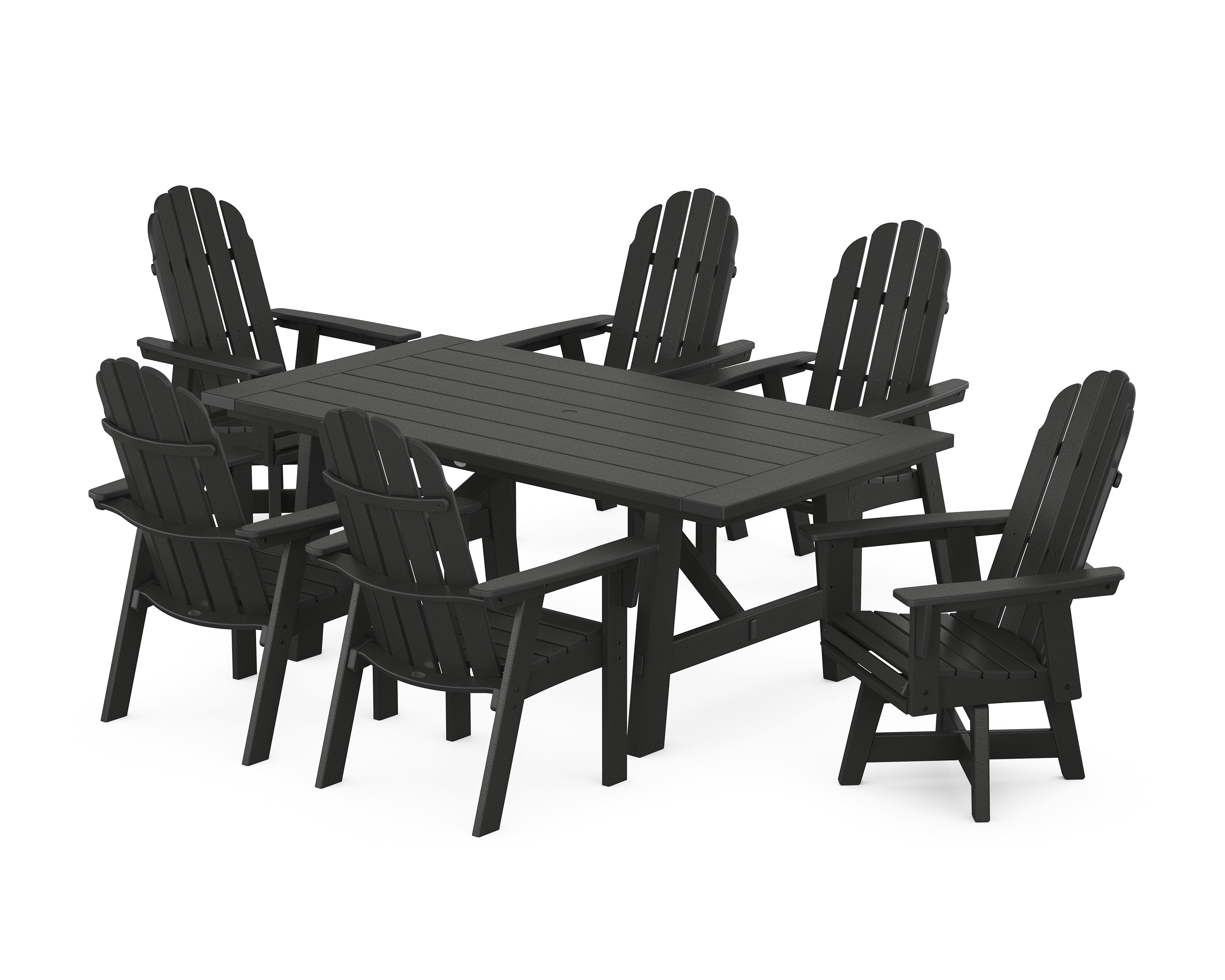 POLYWOOD® Vineyard Curveback Adirondack Swivel Chair 7-Piece Rustic Farmhouse Dining Set in Black