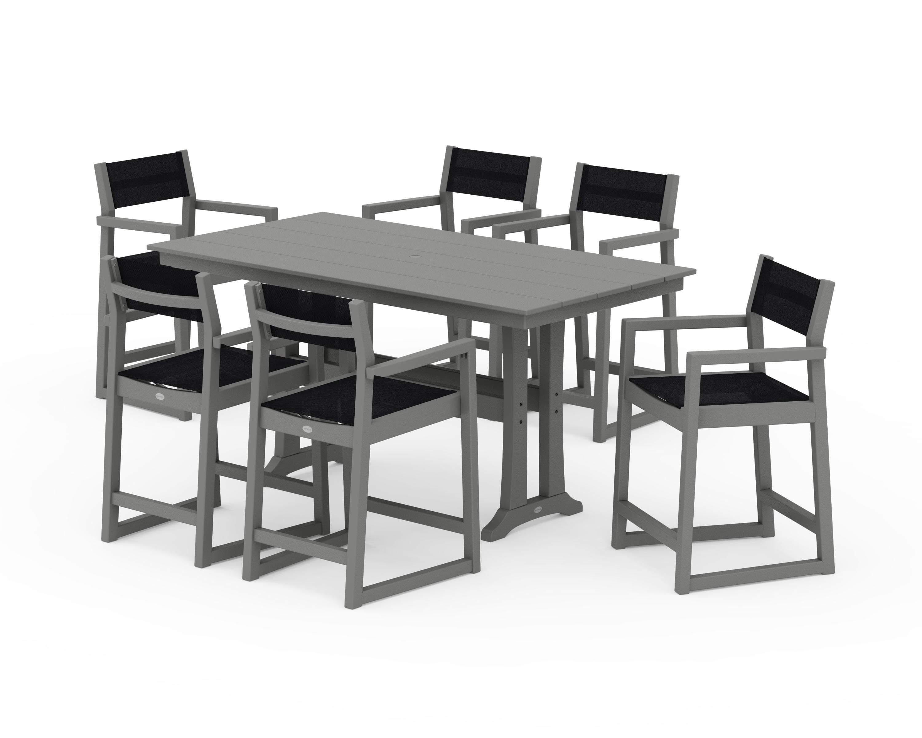POLYWOOD EDGE Sling Arm Chair 7-Piece Farmhouse Counter Set with Trestle Legs in Slate Grey / Black Sling