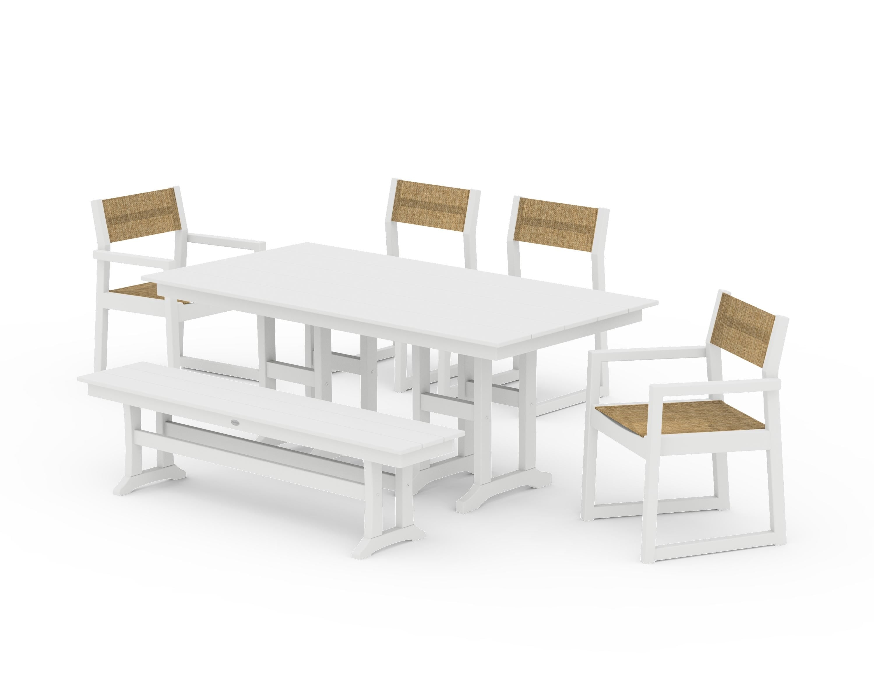 POLYWOOD EDGE Sling 6-Piece Farmhouse Dining Set in White / Burlap Sling