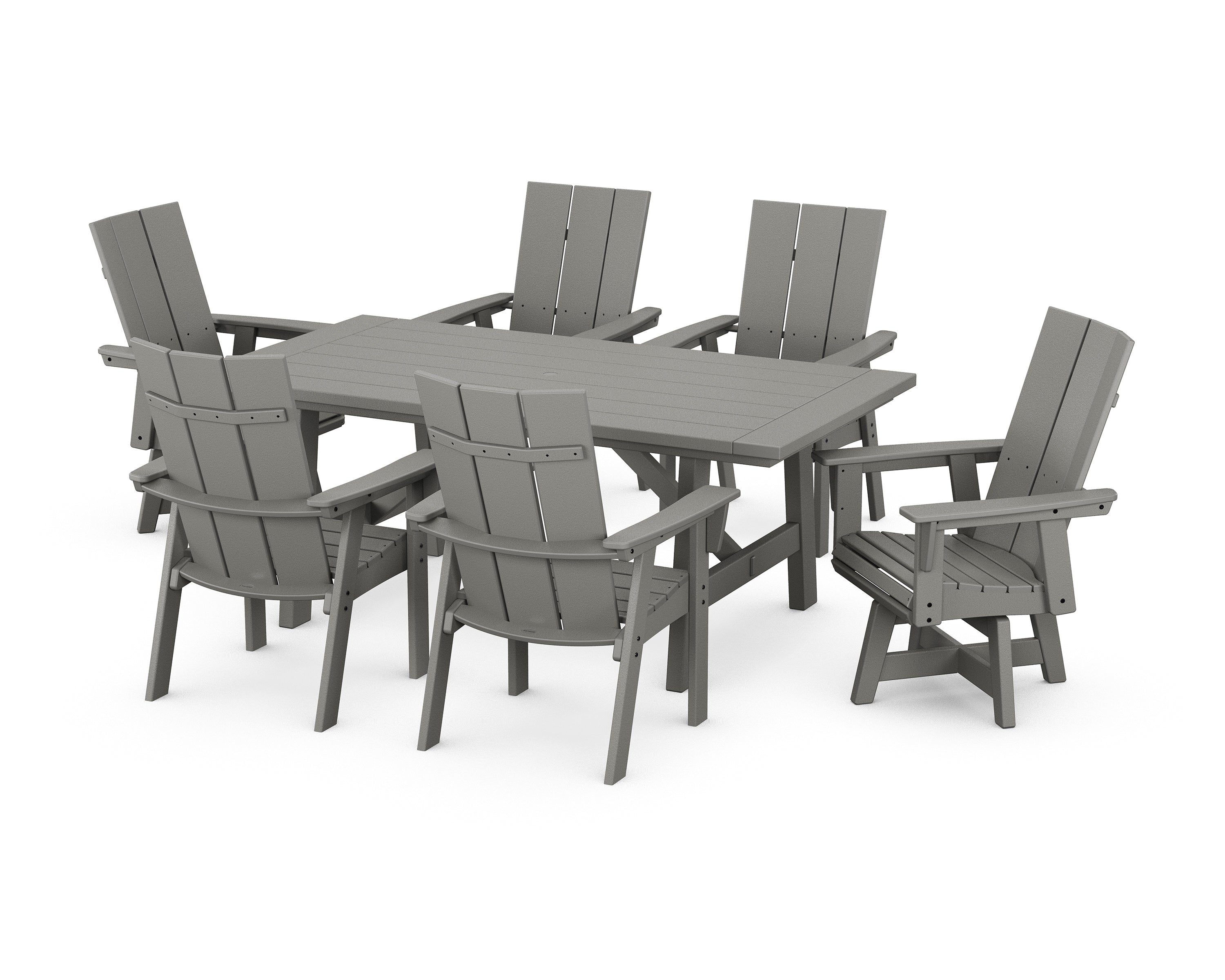 POLYWOOD® Modern Curveback Adirondack 7-Piece Rustic Farmhouse Swivel Dining Set in Slate Grey