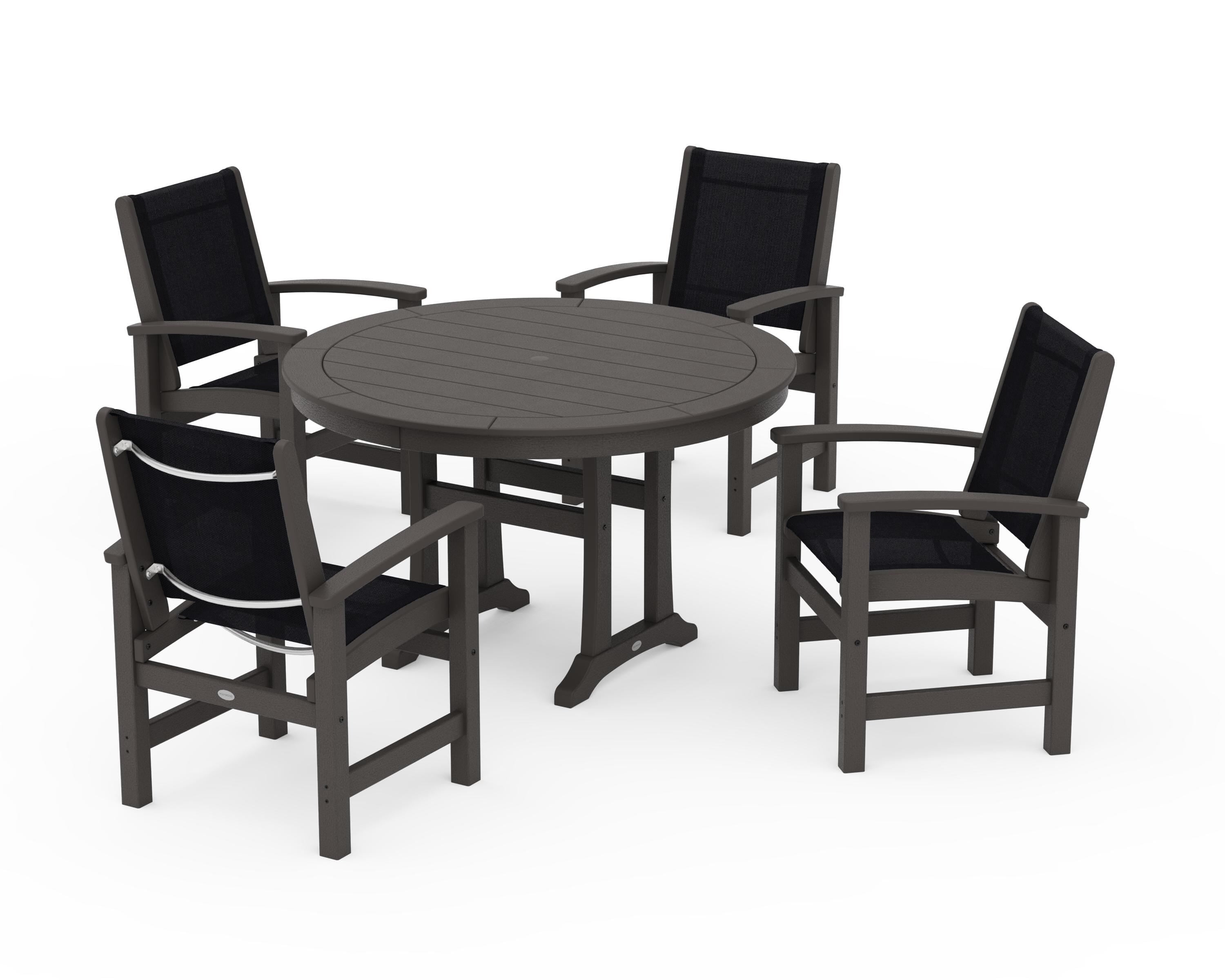 POLYWOOD Coastal 5-Piece Round Dining Set with Trestle Legs in Vintage Coffee / Black Sling