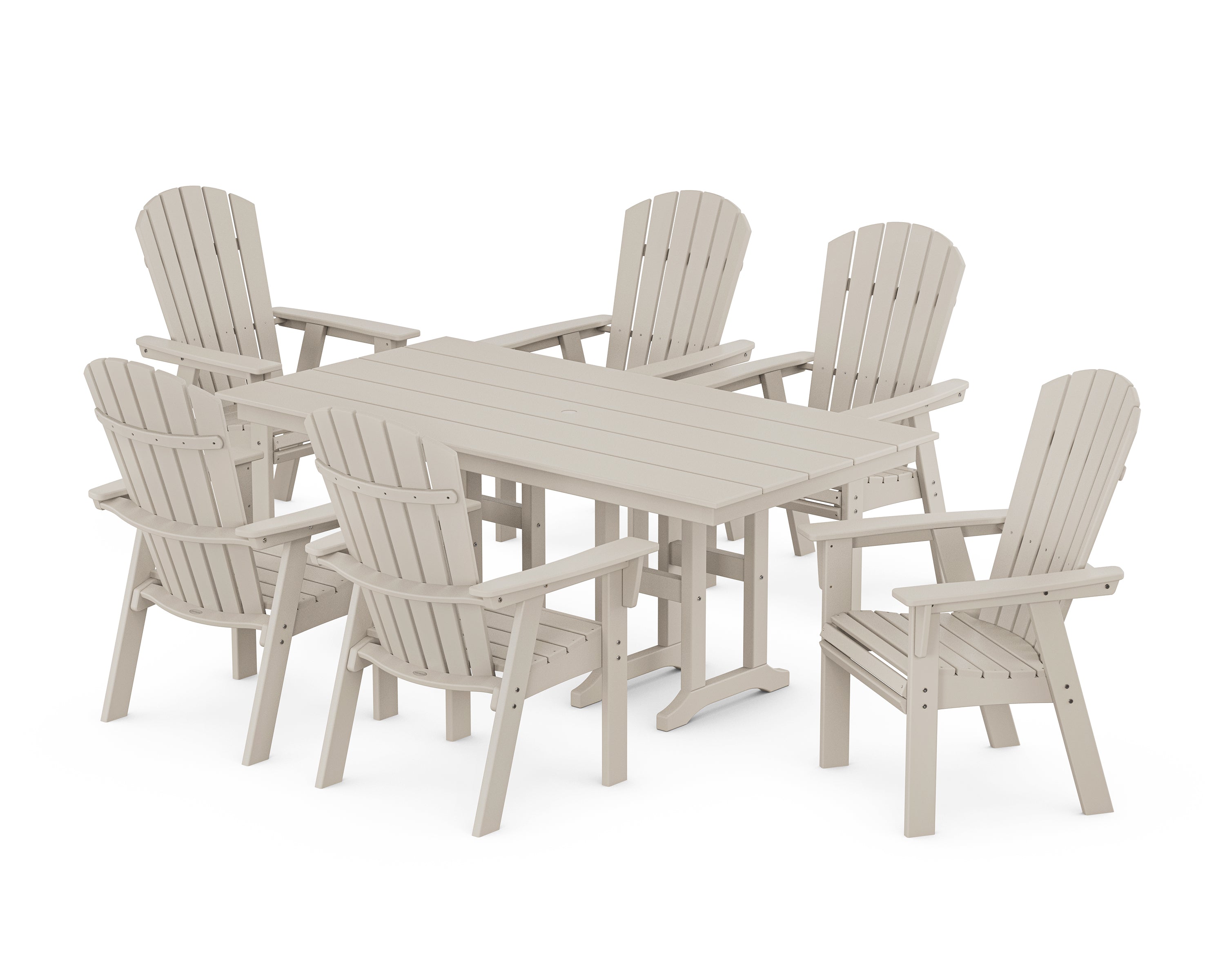POLYWOOD Nautical Curveback Adirondack 7-Piece Farmhouse Dining Set in Sand