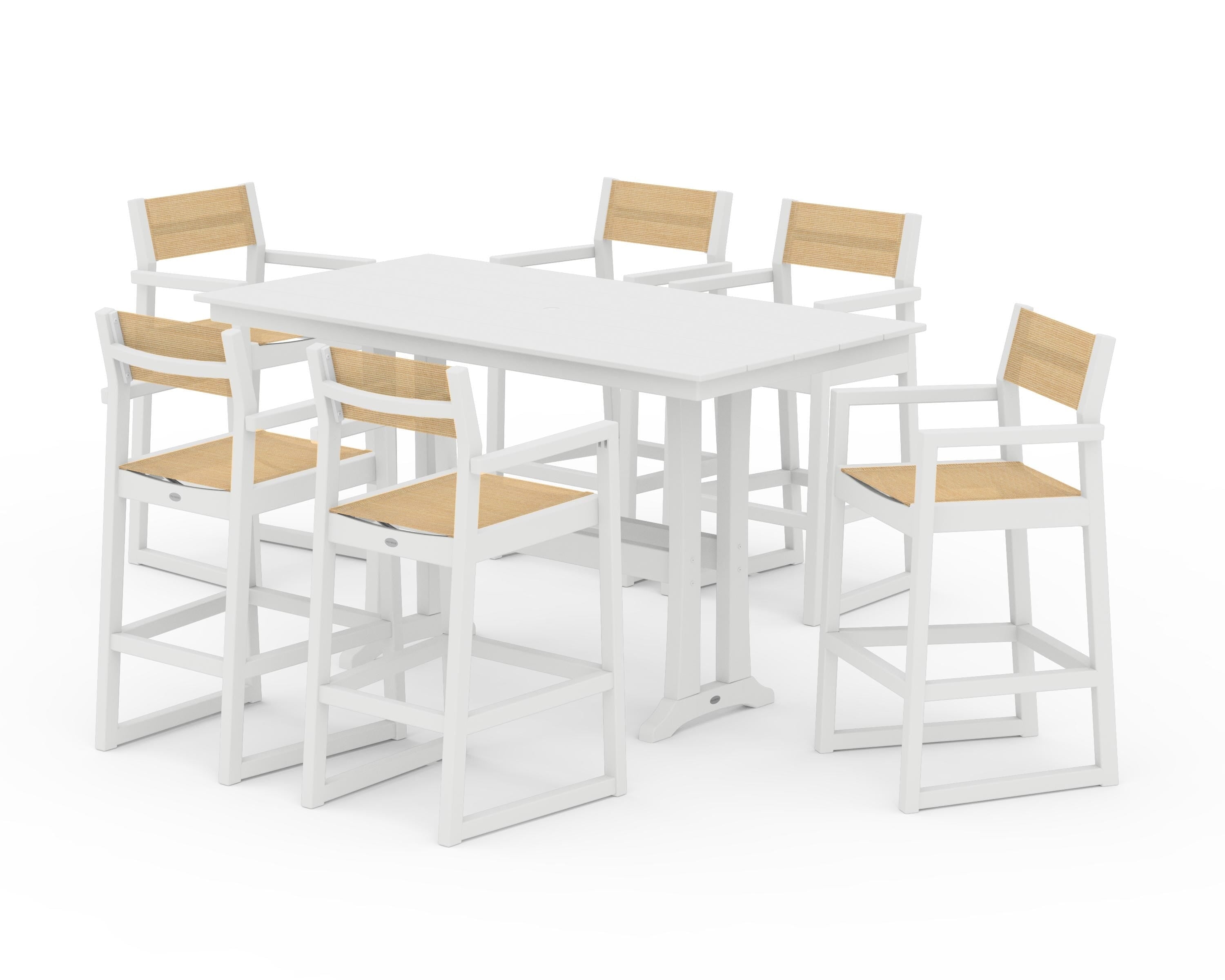 POLYWOOD EDGE Sling Arm Chair 7-Piece Farmhouse Bar Set with Trestle Legs in White / Dupioni Apricot Sling