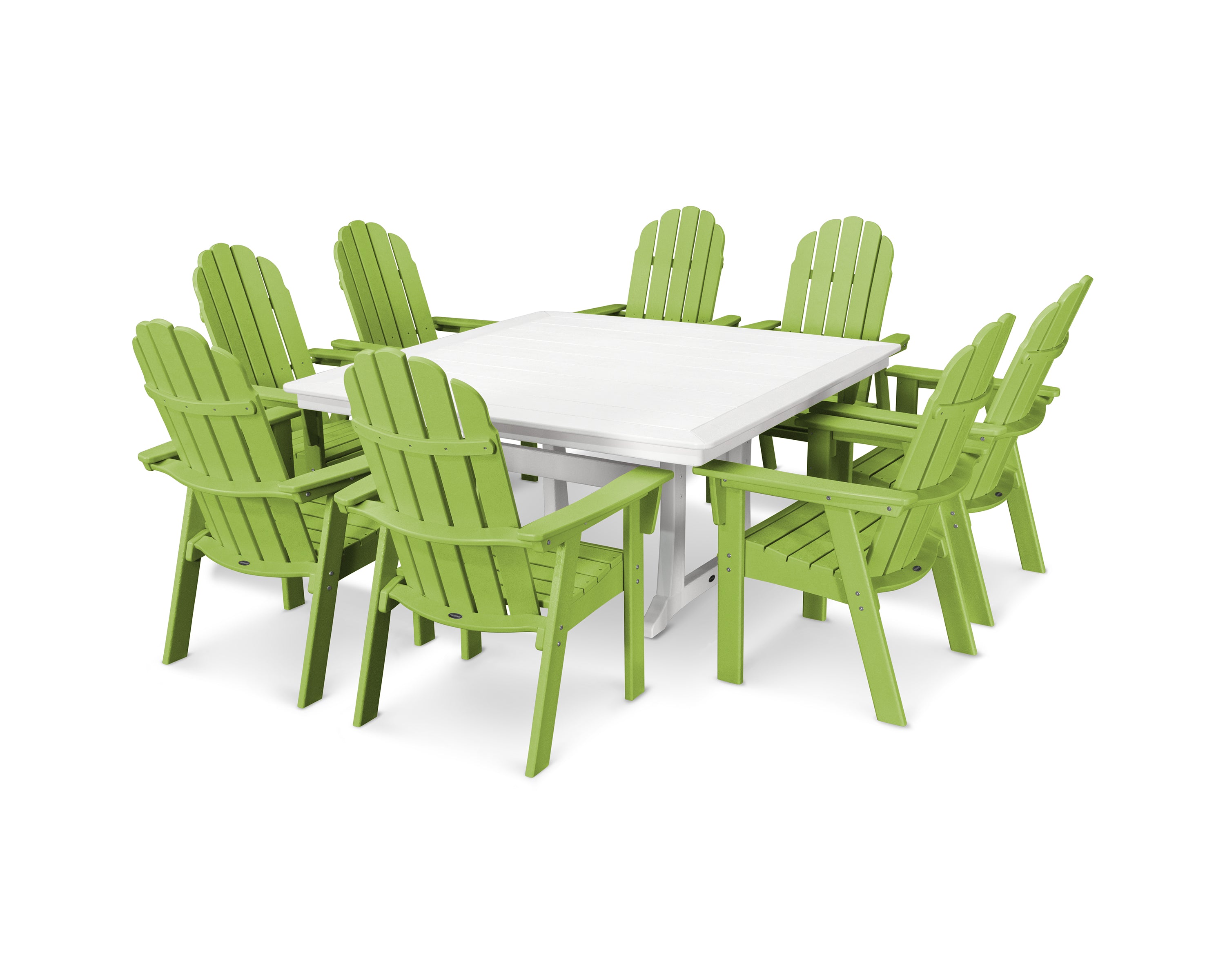 POLYWOOD® Vineyard Curveback Adirondack 9-Piece Nautical Trestle Dining Set in Lime / White