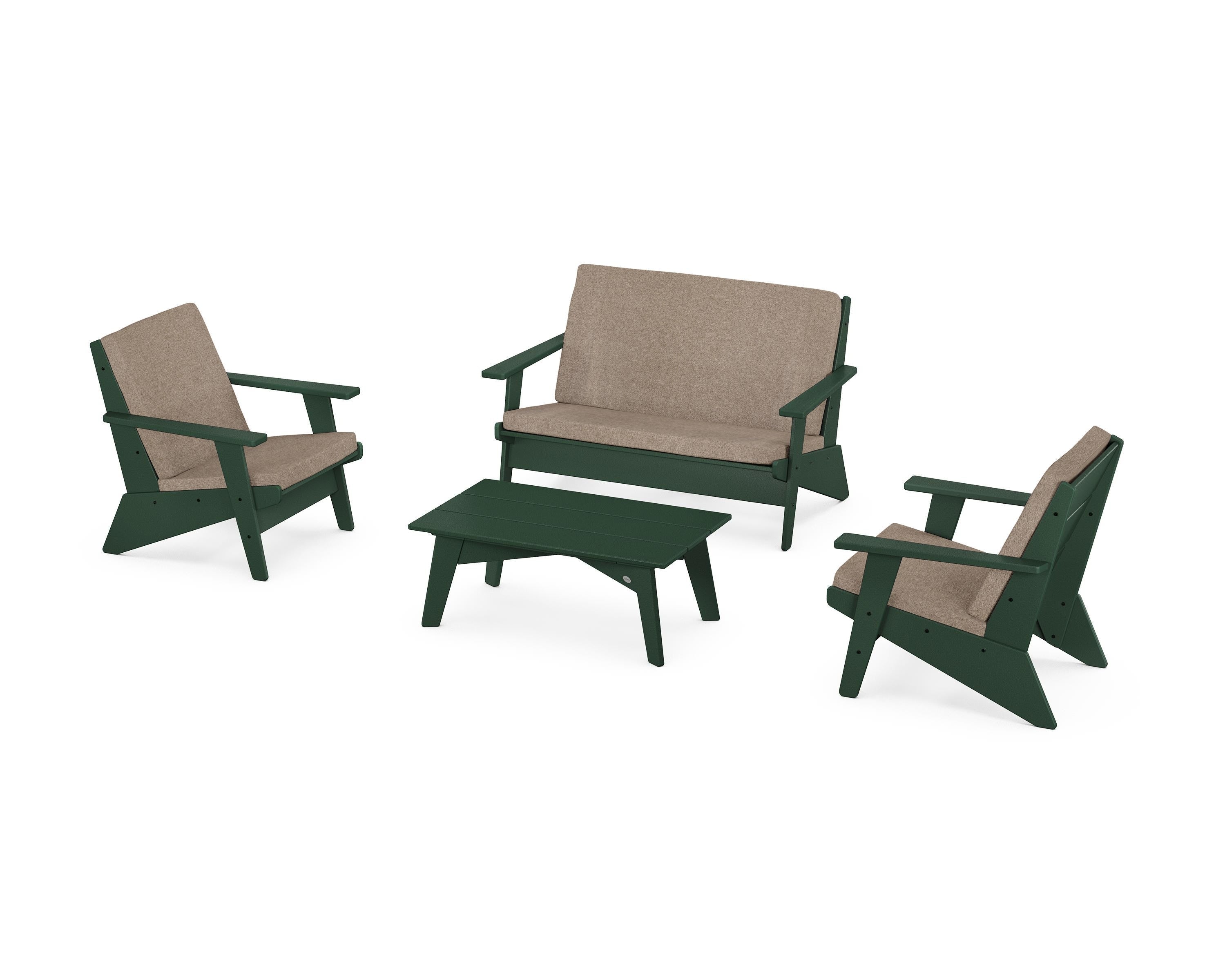 POLYWOOD Riviera Modern Lounge 4-Piece Set in Green / Spiced Burlap