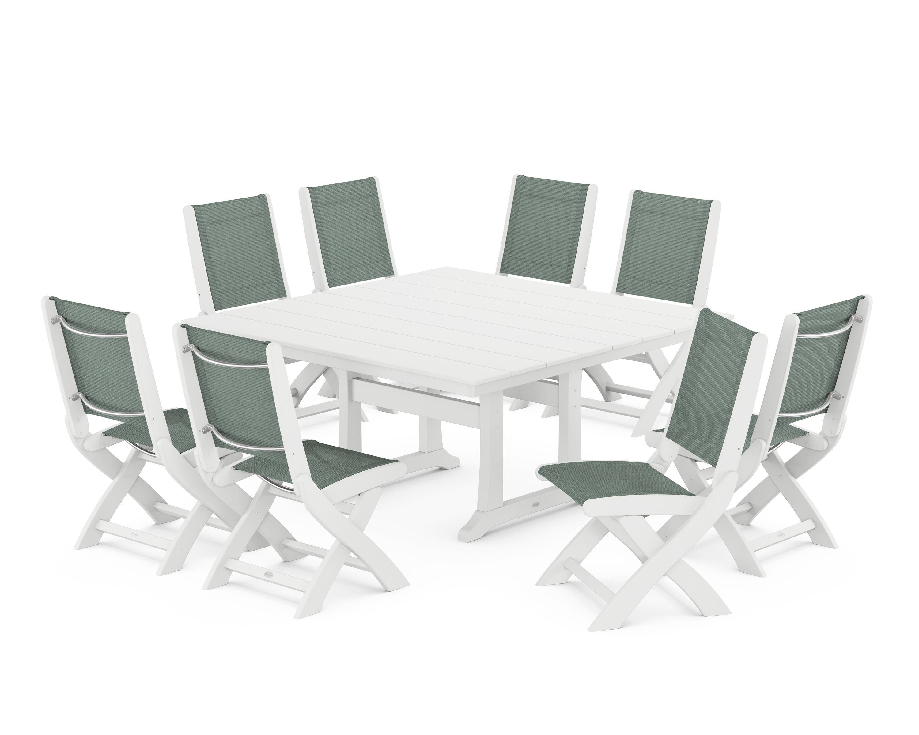 POLYWOOD Coastal Folding Side Chair 9-Piece Farmhouse Dining Set in White / Dupioni Sea Mist Sling