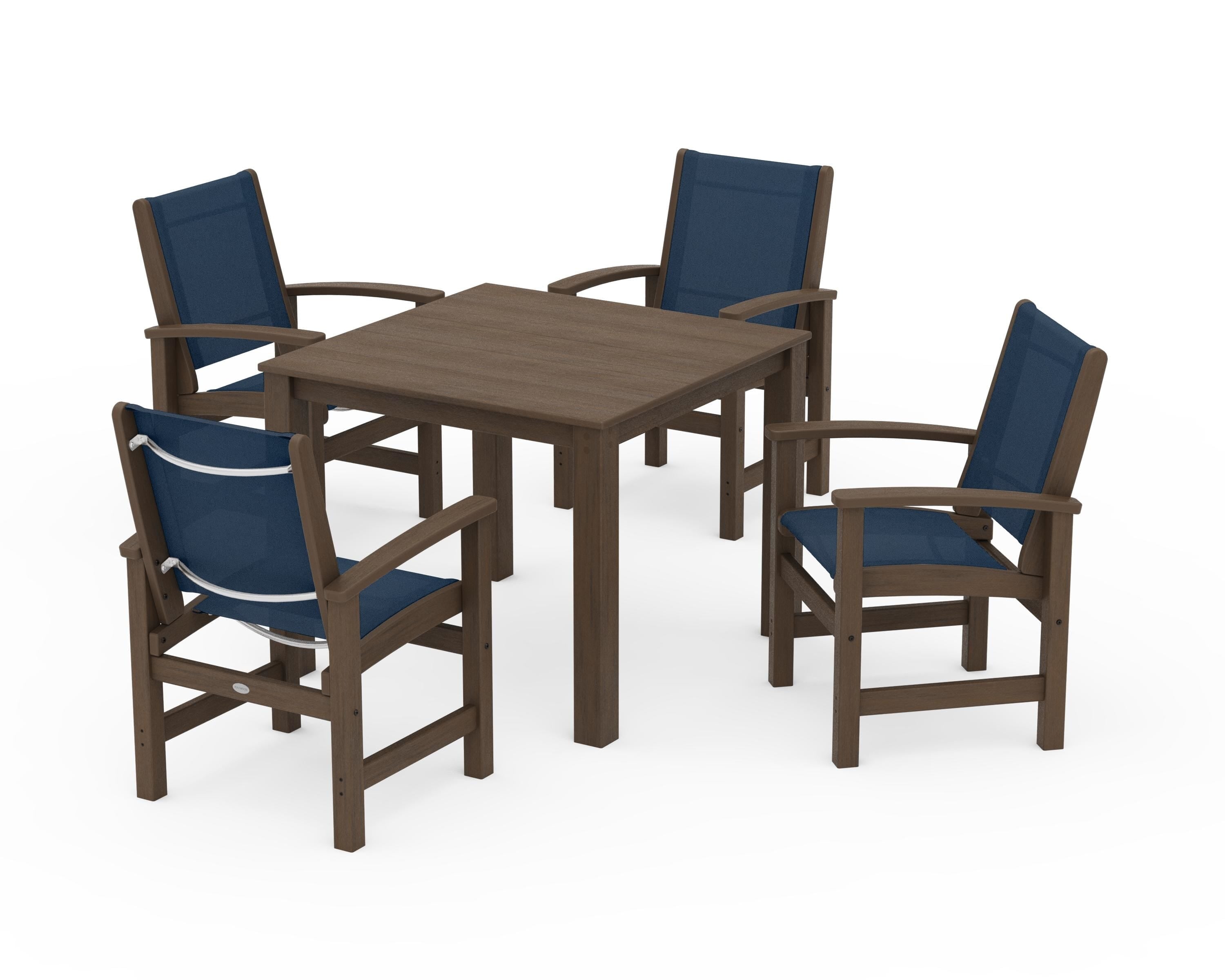 POLYWOOD Coastal 5-Piece Parsons Dining Set in Kona / Navy Blue Sling