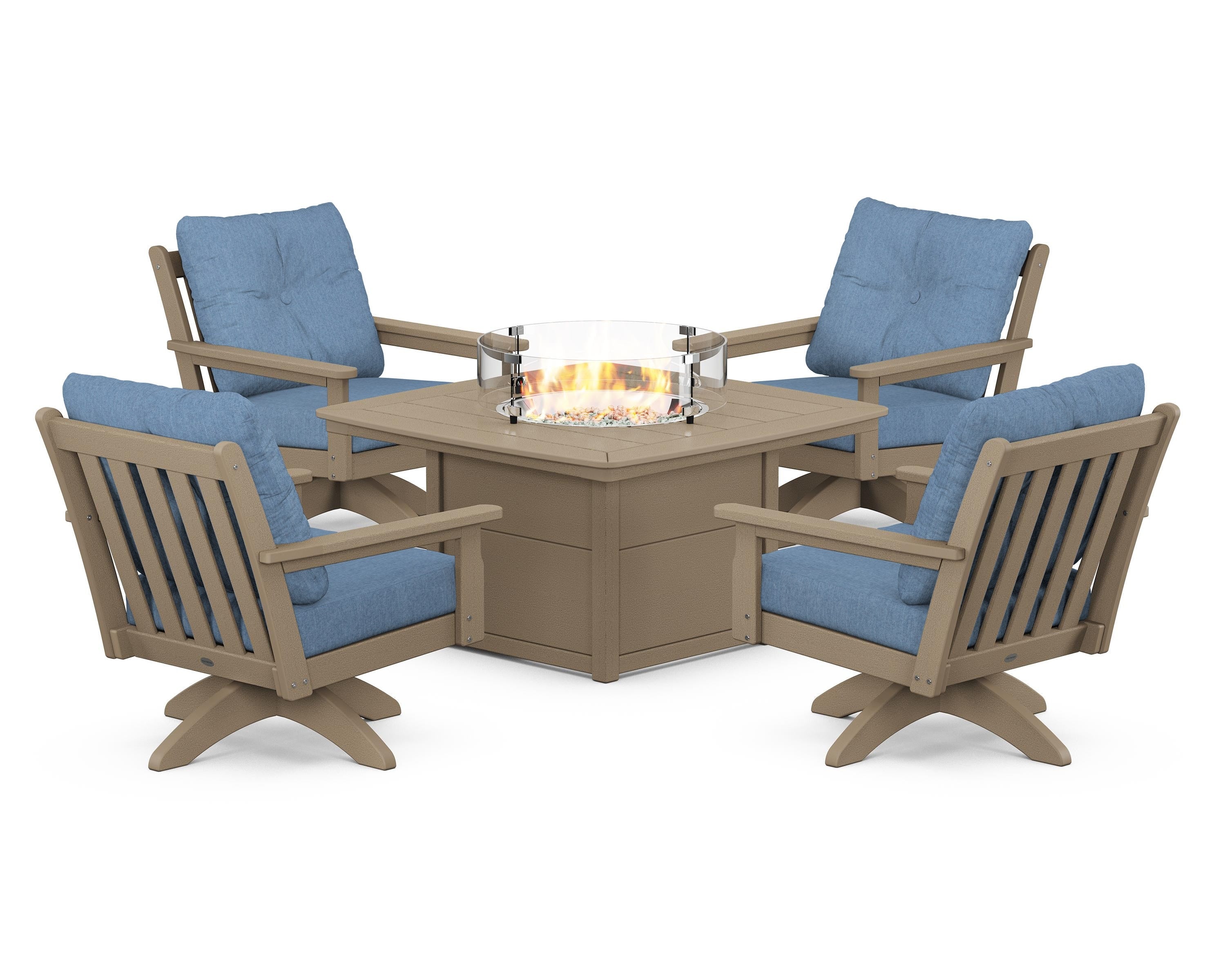 POLYWOOD Vineyard 5-Piece Deep Seating Swivel Conversation Set with Fire Pit Table in Vintage Sahara / Sky Blue