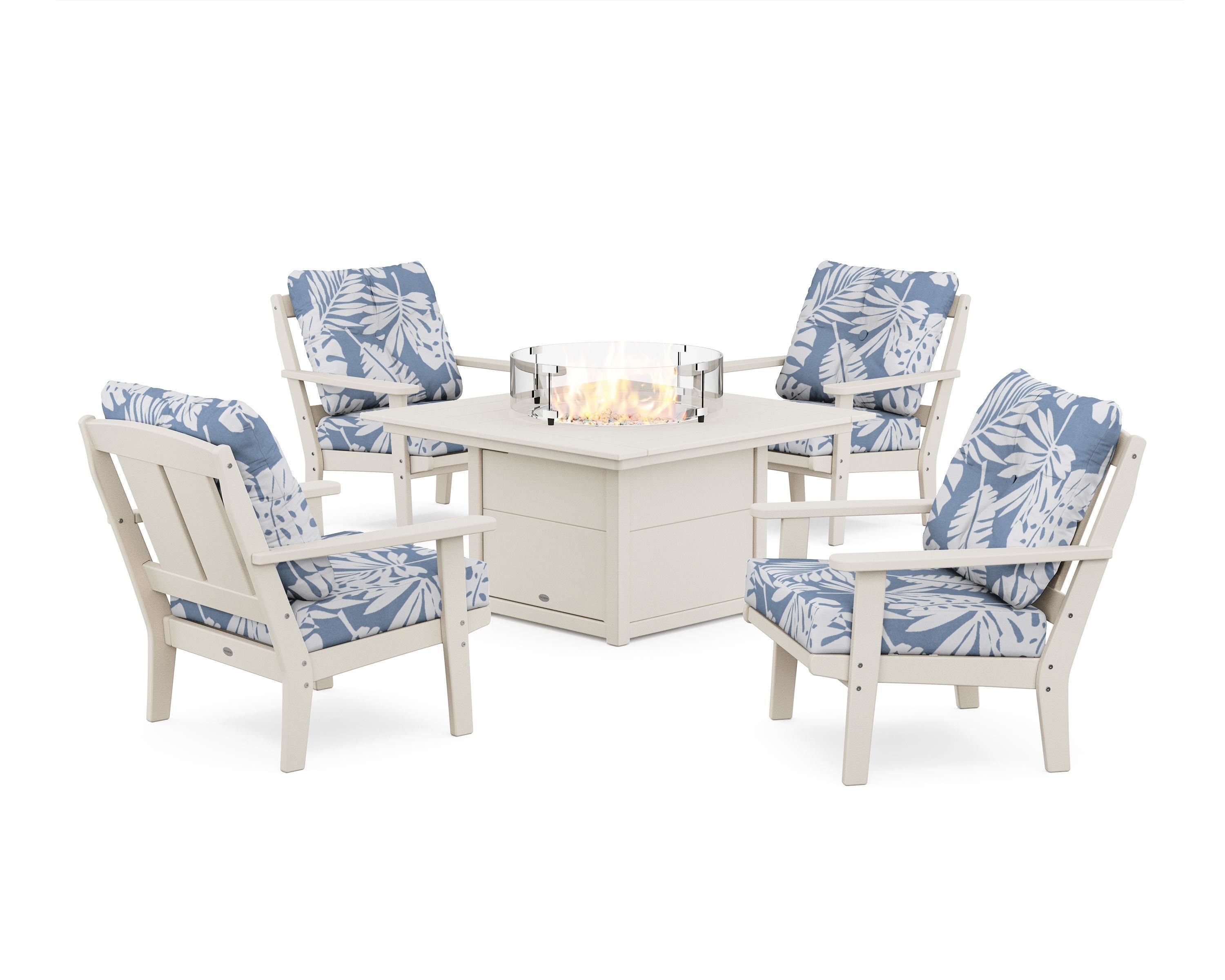 POLYWOOD Mission 5-Piece Deep Seating Set with Fire Pit Table in Sand / Leaf Sky Blue