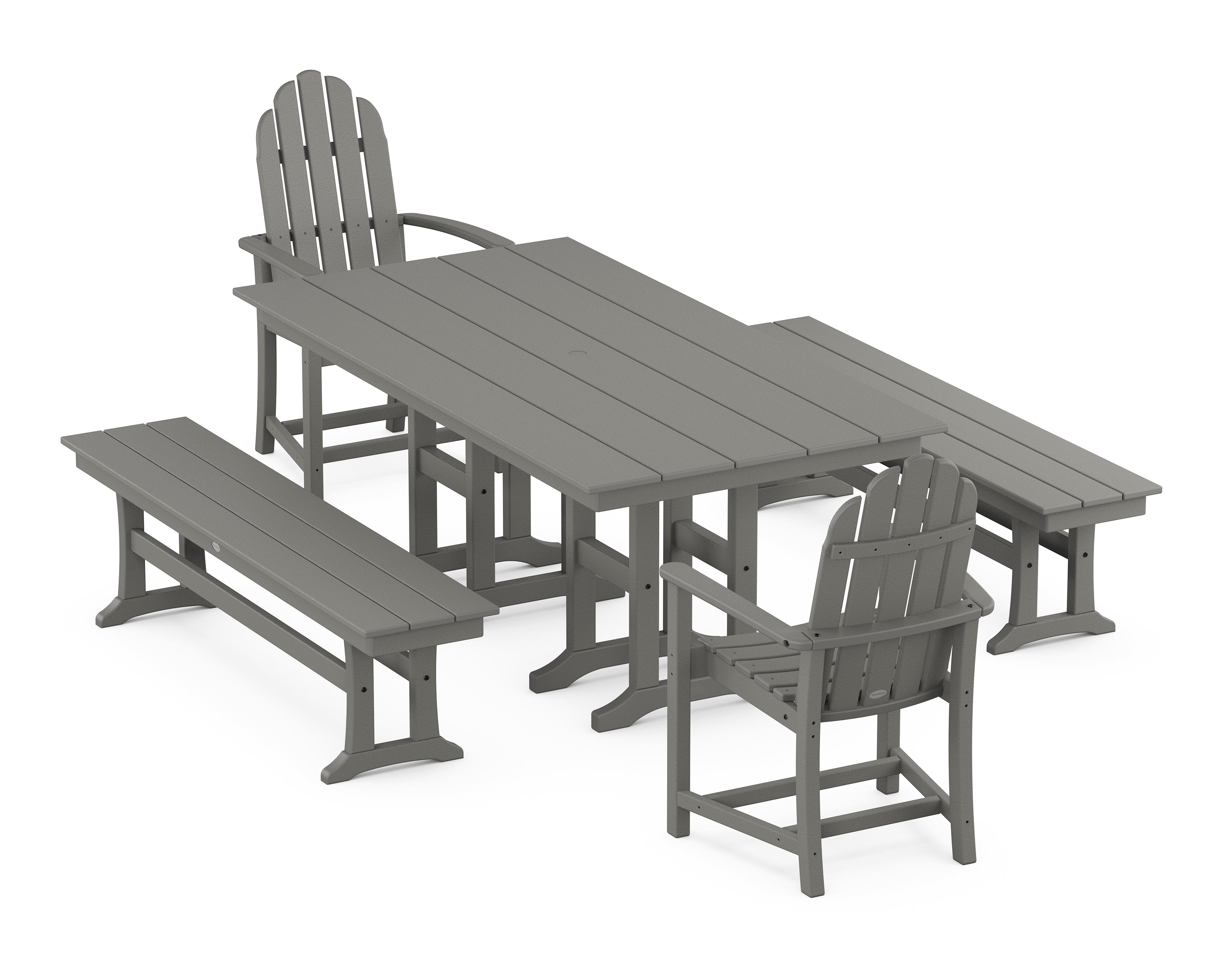 POLYWOOD® Classic Adirondack 5-Piece Farmhouse Dining Set with Benches in Slate Grey