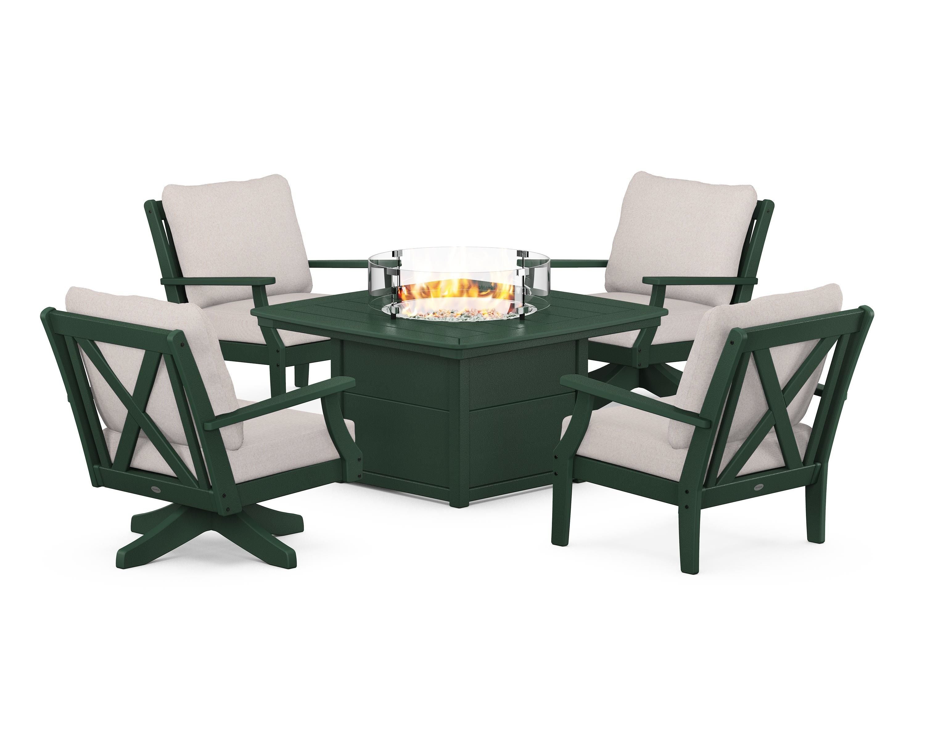 POLYWOOD Braxton 5-Piece Deep Seating Set with Fire Table in Green / Dune Burlap