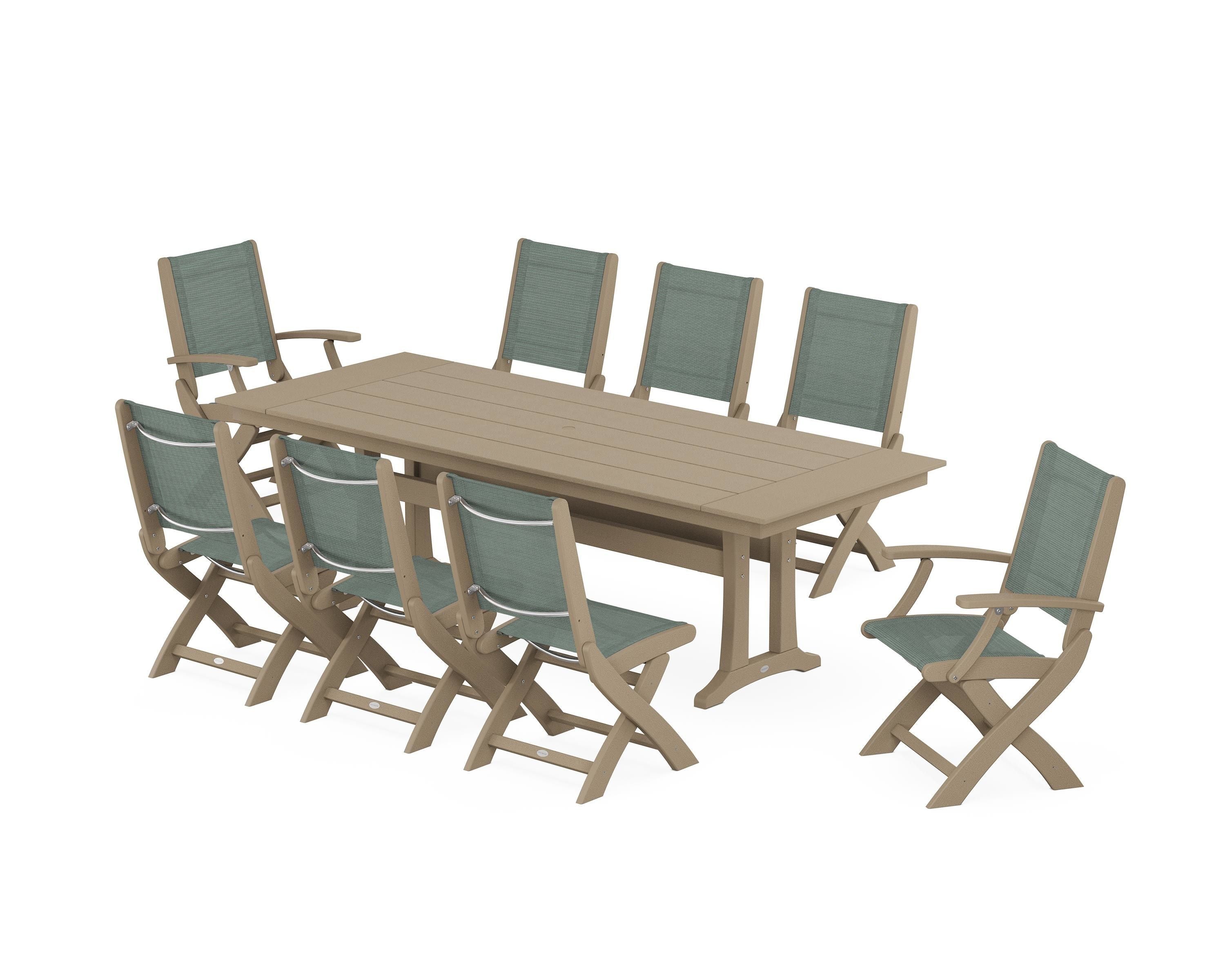 POLYWOOD Coastal 9-Piece Folding Dining Chair Farmhouse Dining Set with Trestle Legs in Vintage Sahara / Dupioni Sea Mist Sling