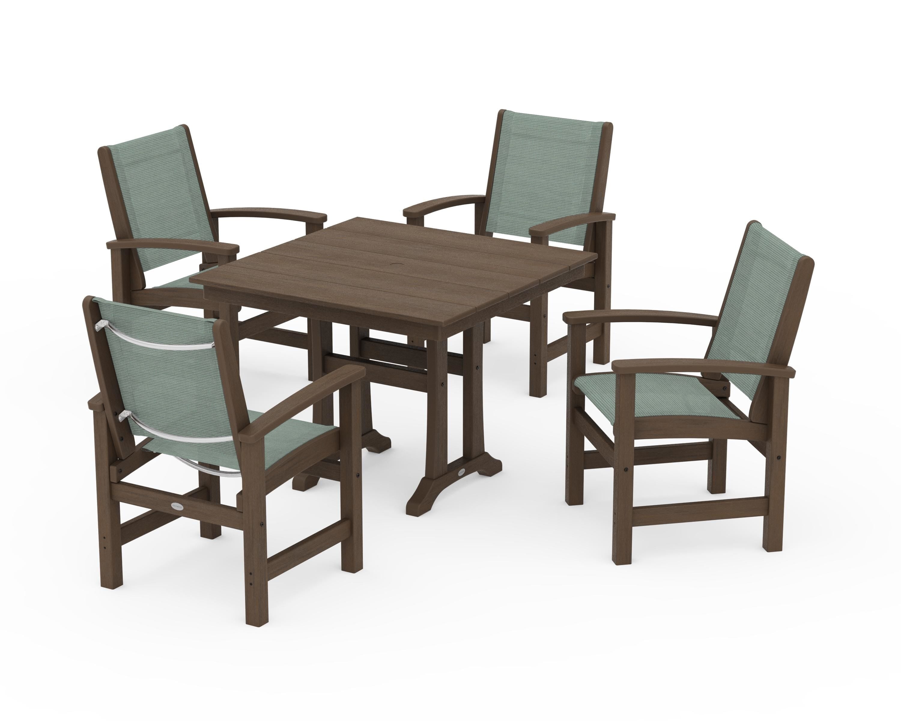 POLYWOOD Coastal 5-Piece Farmhouse Dining Set With Trestle Legs in Kona / Dupioni Sea Mist Sling