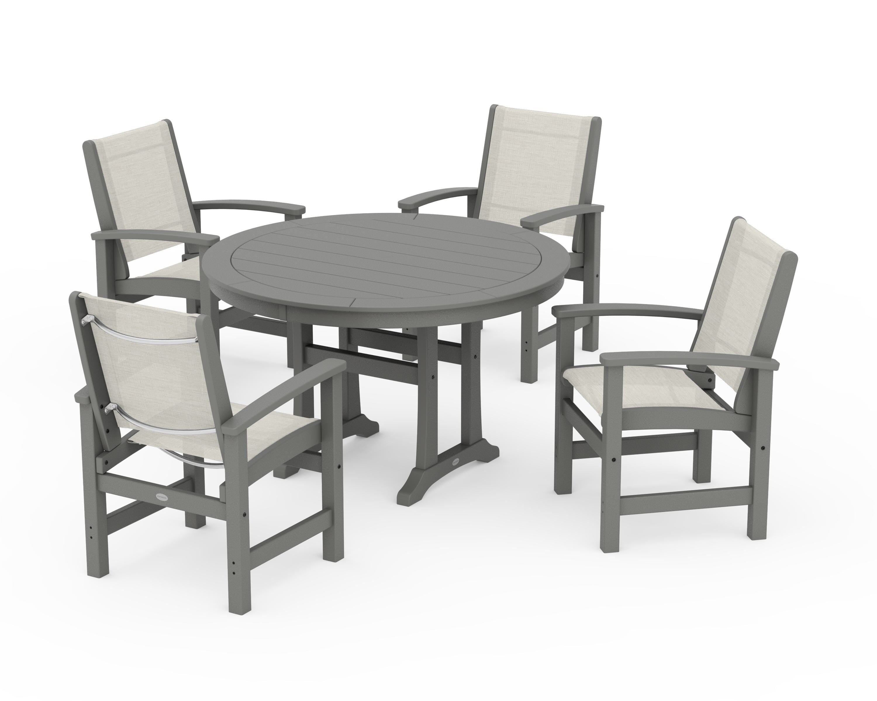 POLYWOOD Coastal 5-Piece Round Dining Set with Trestle Legs in Slate Grey / Parchment Sling