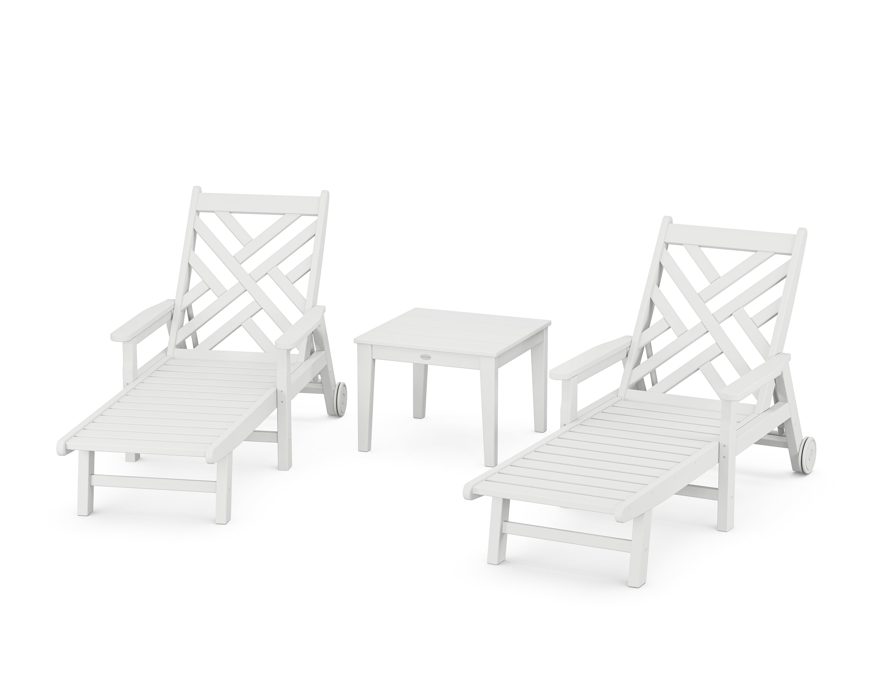POLYWOOD Chippendale 3-Piece Chaise Set with Arms and Wheels in White