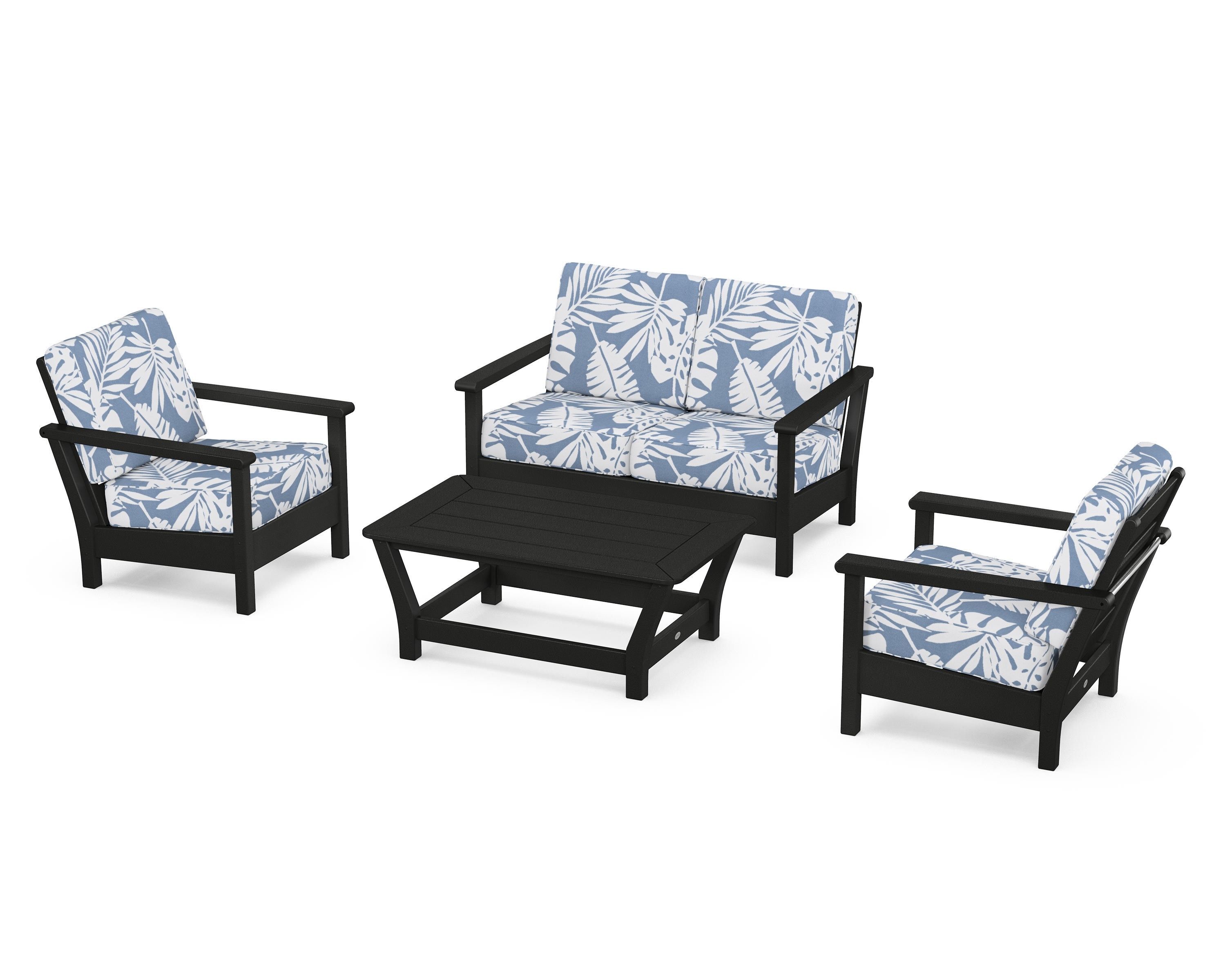 POLYWOOD Harbour 4-Piece Deep Seating Set in Black / Leaf Sky Blue