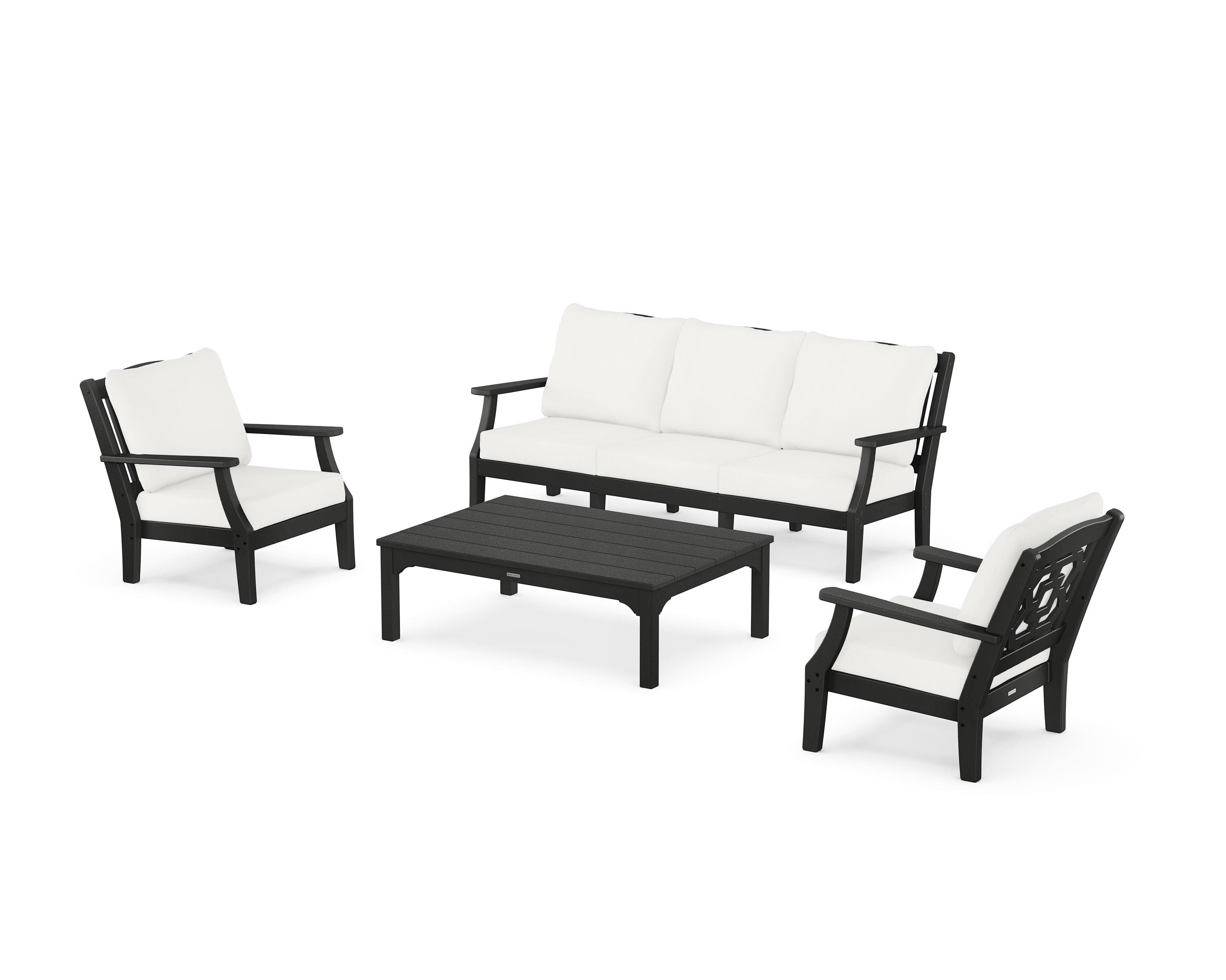 Martha Stewart by POLYWOOD Chinoiserie 4-Piece Deep Seating Set with Sofa in Black / Natural Linen