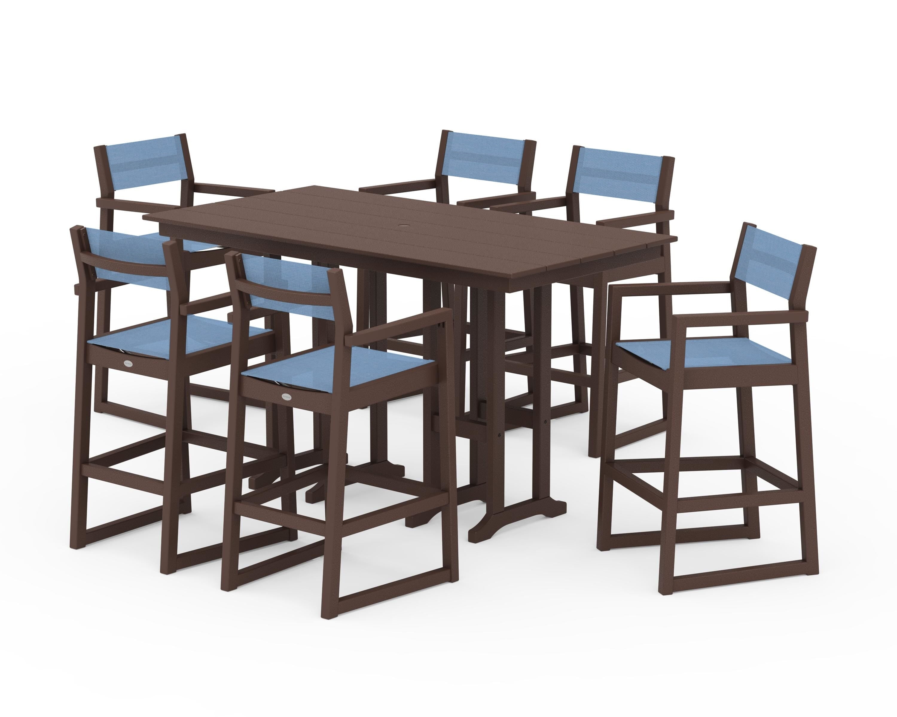 POLYWOOD EDGE Sling Arm Chair 7-Piece Farmhouse Bar Set in Mahogany / Poolside Sling