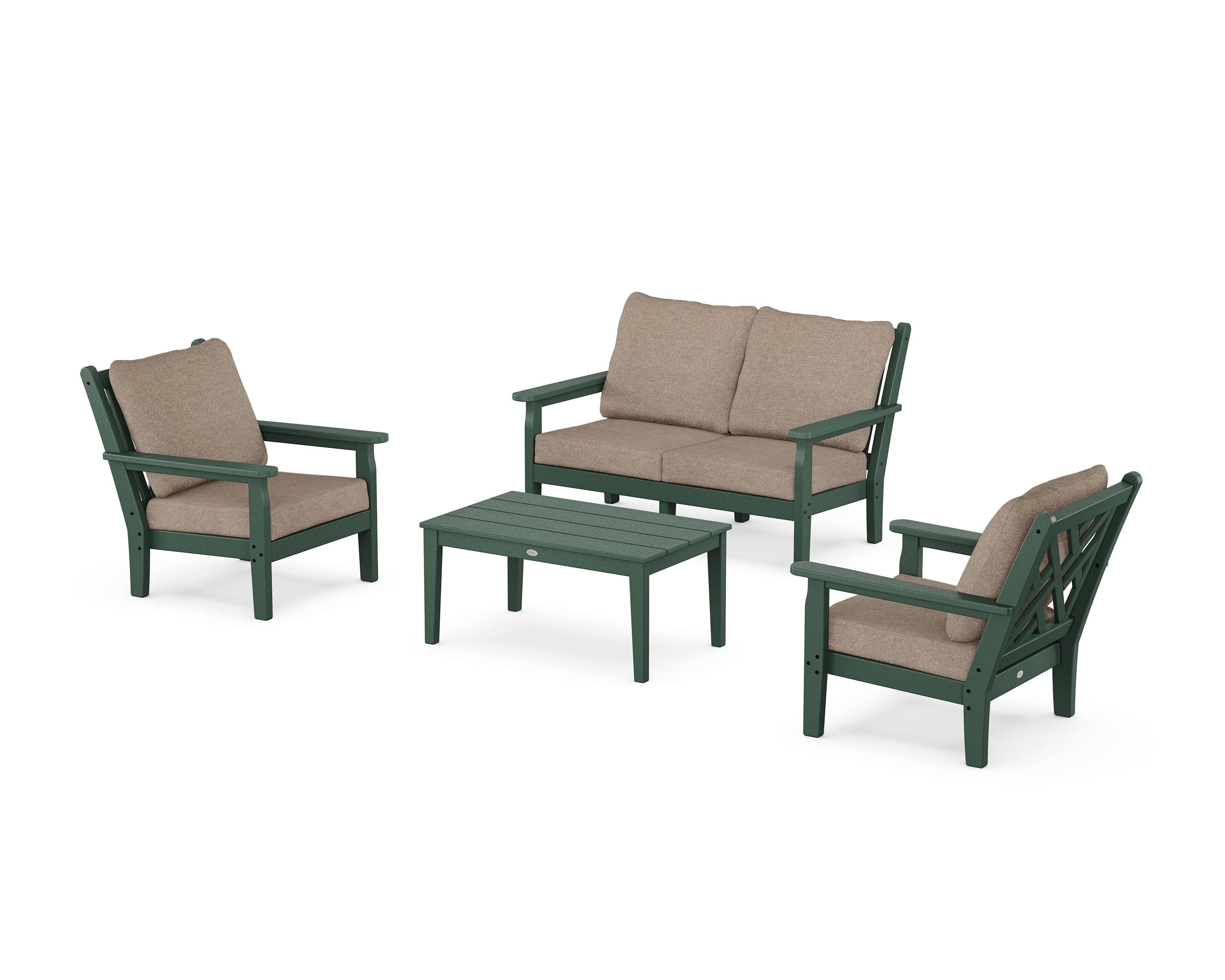 POLYWOOD Chippendale 4-Piece Deep Seating Set with Loveseat in Green / Spiced Burlap