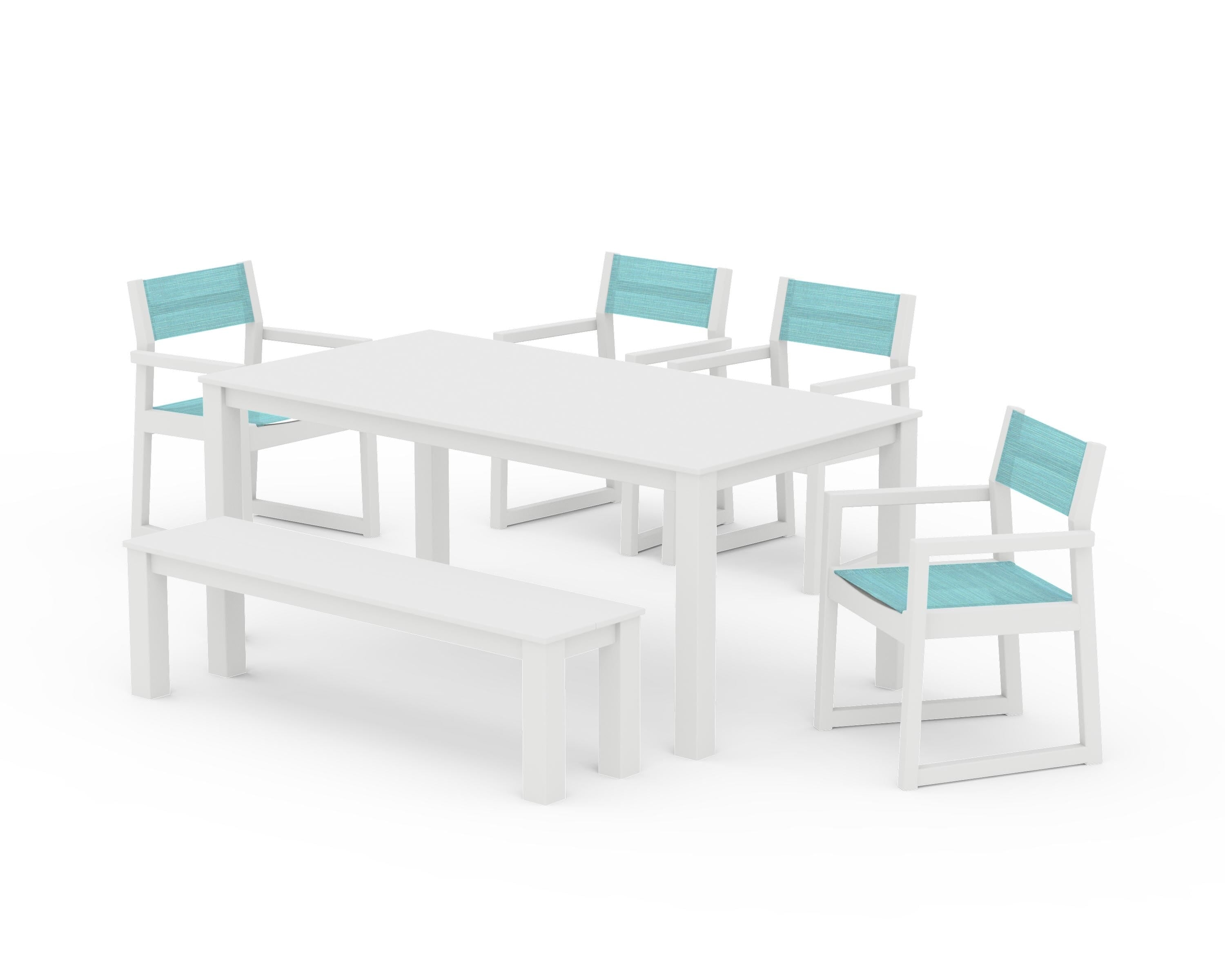POLYWOOD EDGE Sling Arm Chair 6-Piece Parsons Dining Set with Bench in White / Dupioni Aquamarine Sling