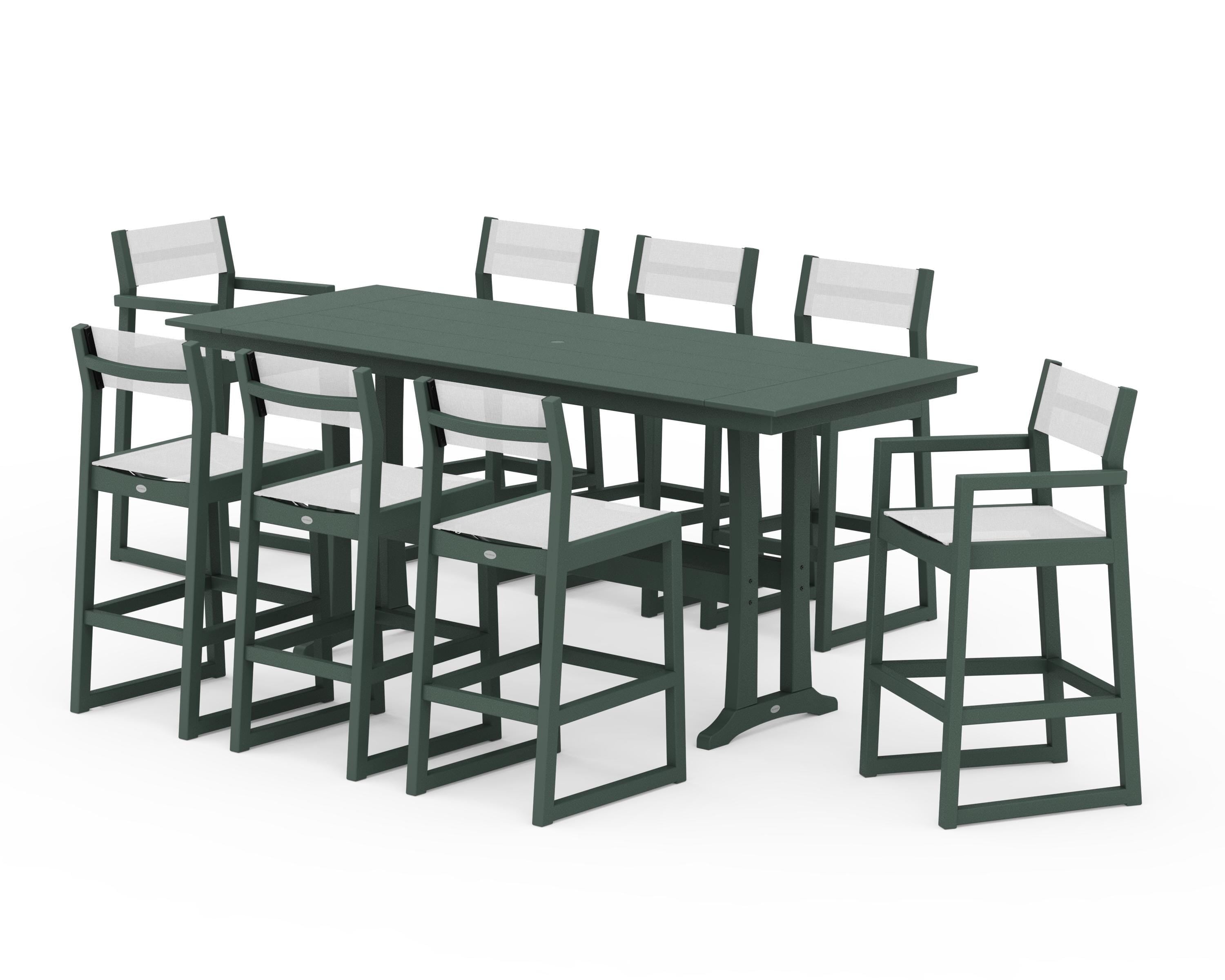 POLYWOOD EDGE Sling 9-Piece Farmhouse Bar Set with Trestle Legs in Green / White Sling