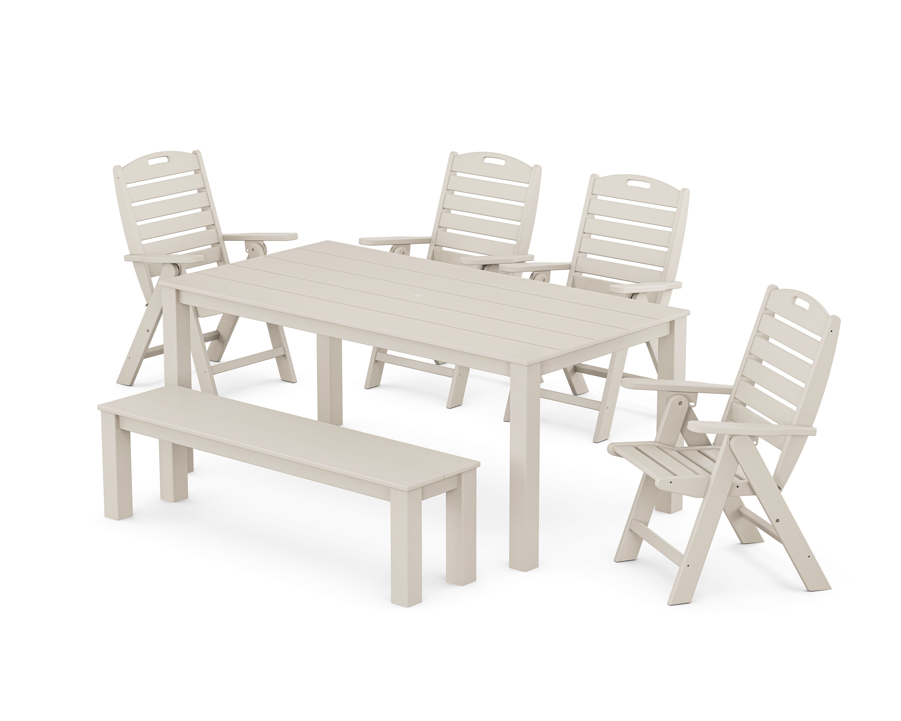 POLYWOOD® Nautical Folding Highback Chair 6-Piece Parsons Dining Set with Bench in Sand