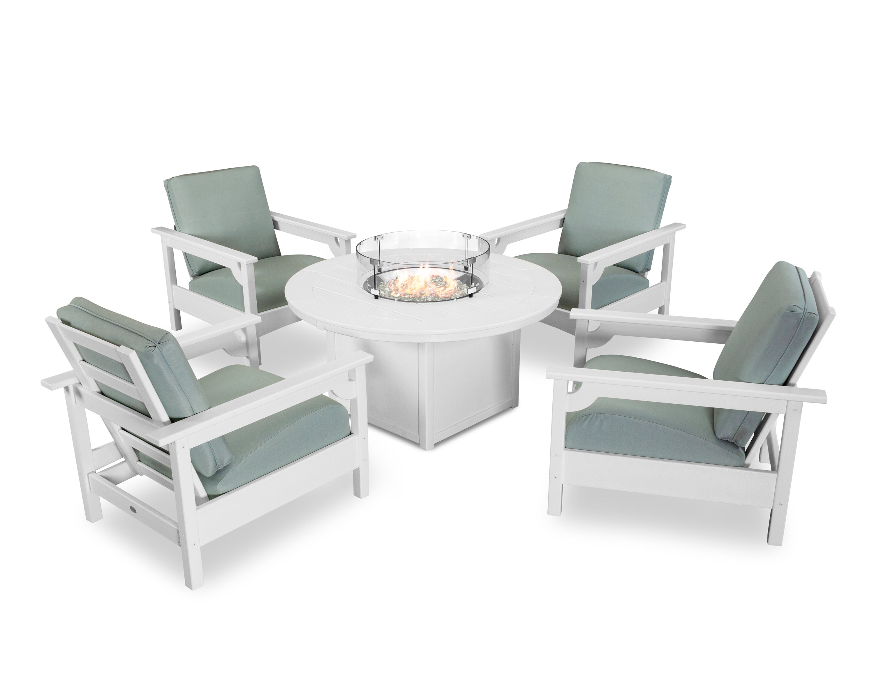 POLYWOOD Club 5-Piece Conversation Set with Fire Pit Table in White / Spa