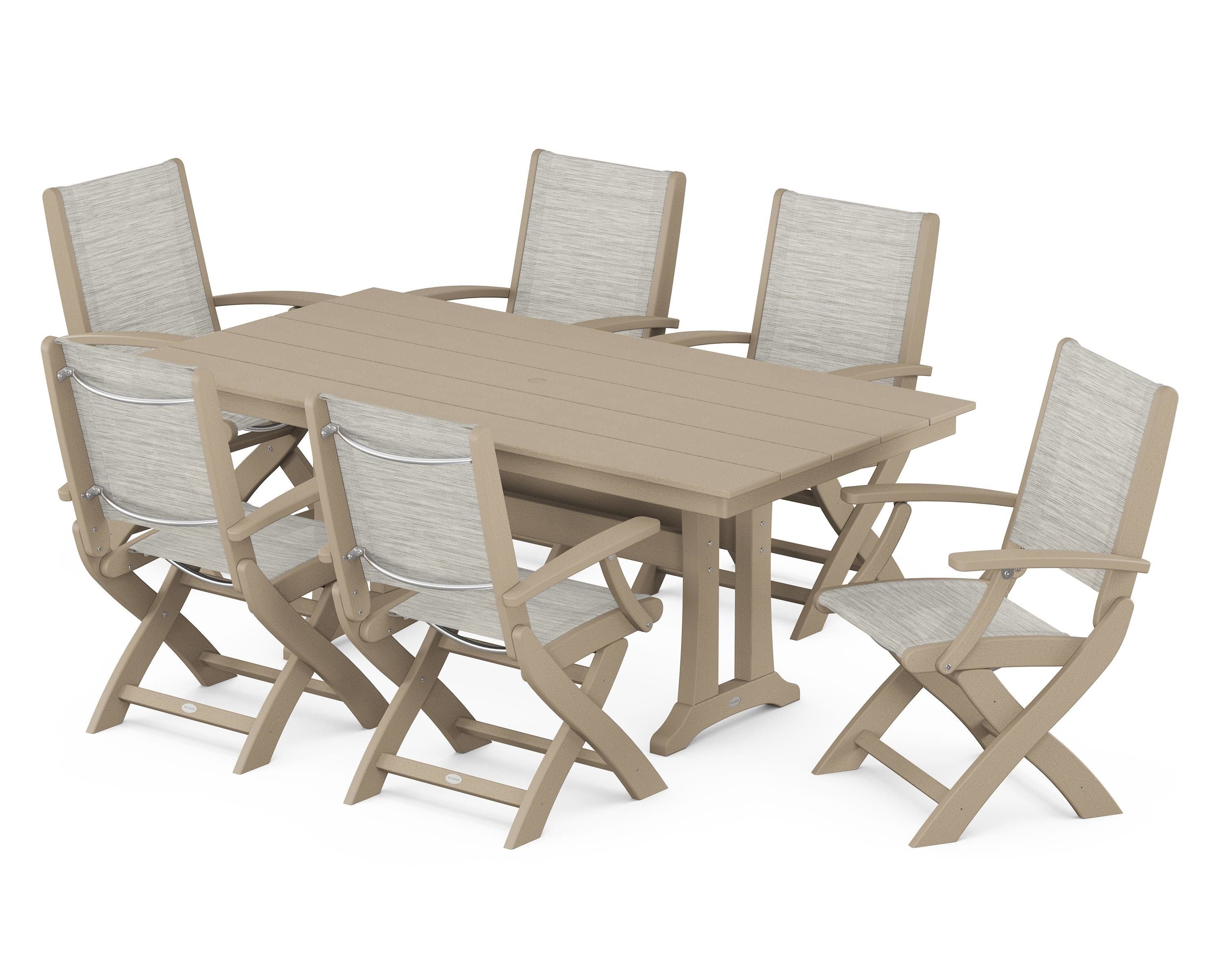 POLYWOOD Coastal Folding Arm Chair 7-Piece Farmhouse Dining Set with Trestle Legs in Vintage Sahara / Birch Sling