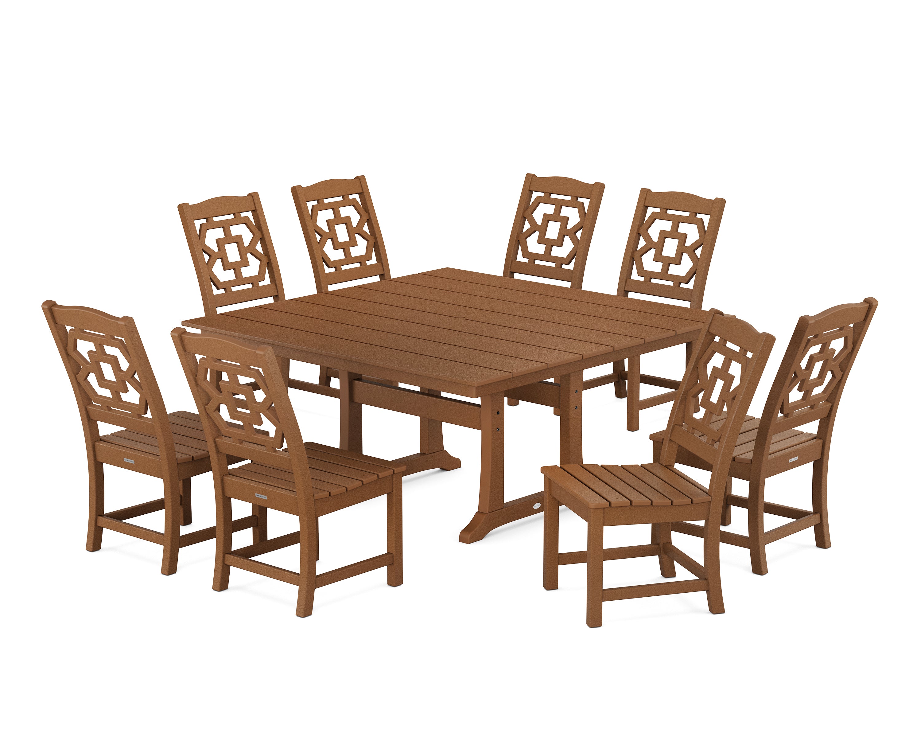 Martha Stewart by POLYWOOD® Chinoiserie 9-Piece Square Farmhouse Side Chair Dining Set with Trestle Legs in Teak