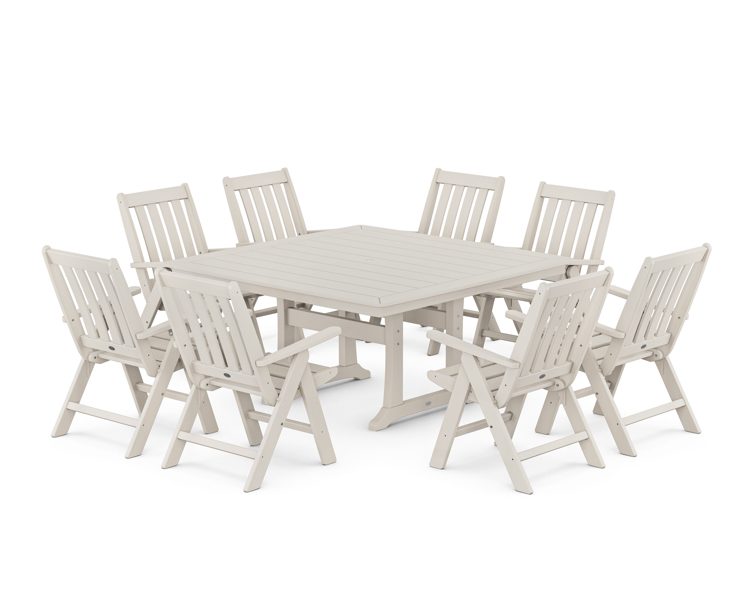 POLYWOOD Vineyard Folding Chair 9-Piece Square Dining Set with Trestle Legs in Sand