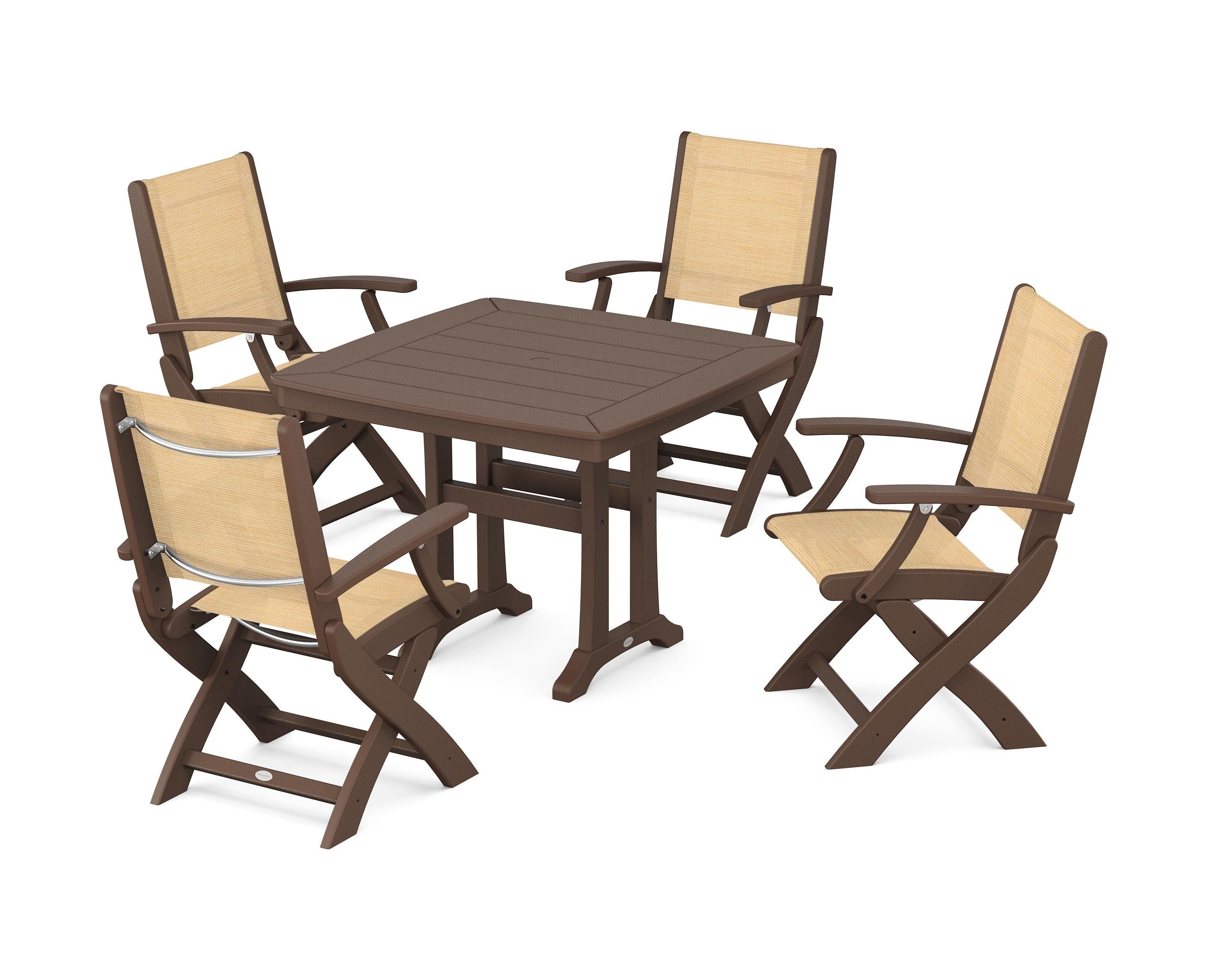 POLYWOOD Coastal Folding Chair 5-Piece Dining Set with Trestle Legs in Mahogany / Dupioni Apricot Sling