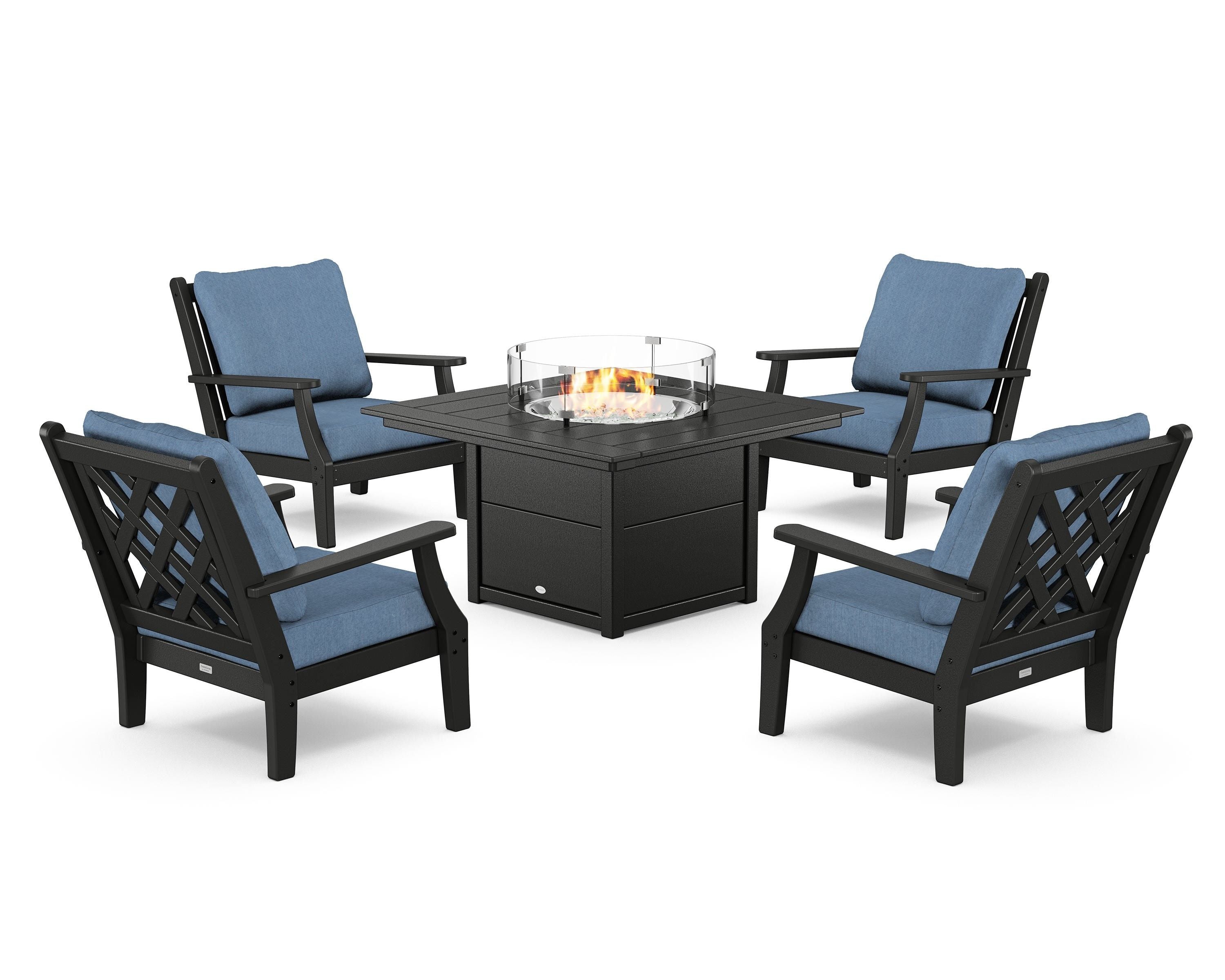 Country Living Wovendale 5-Piece Deep Seating Set with Fire Pit Table in Black / Sky Blue