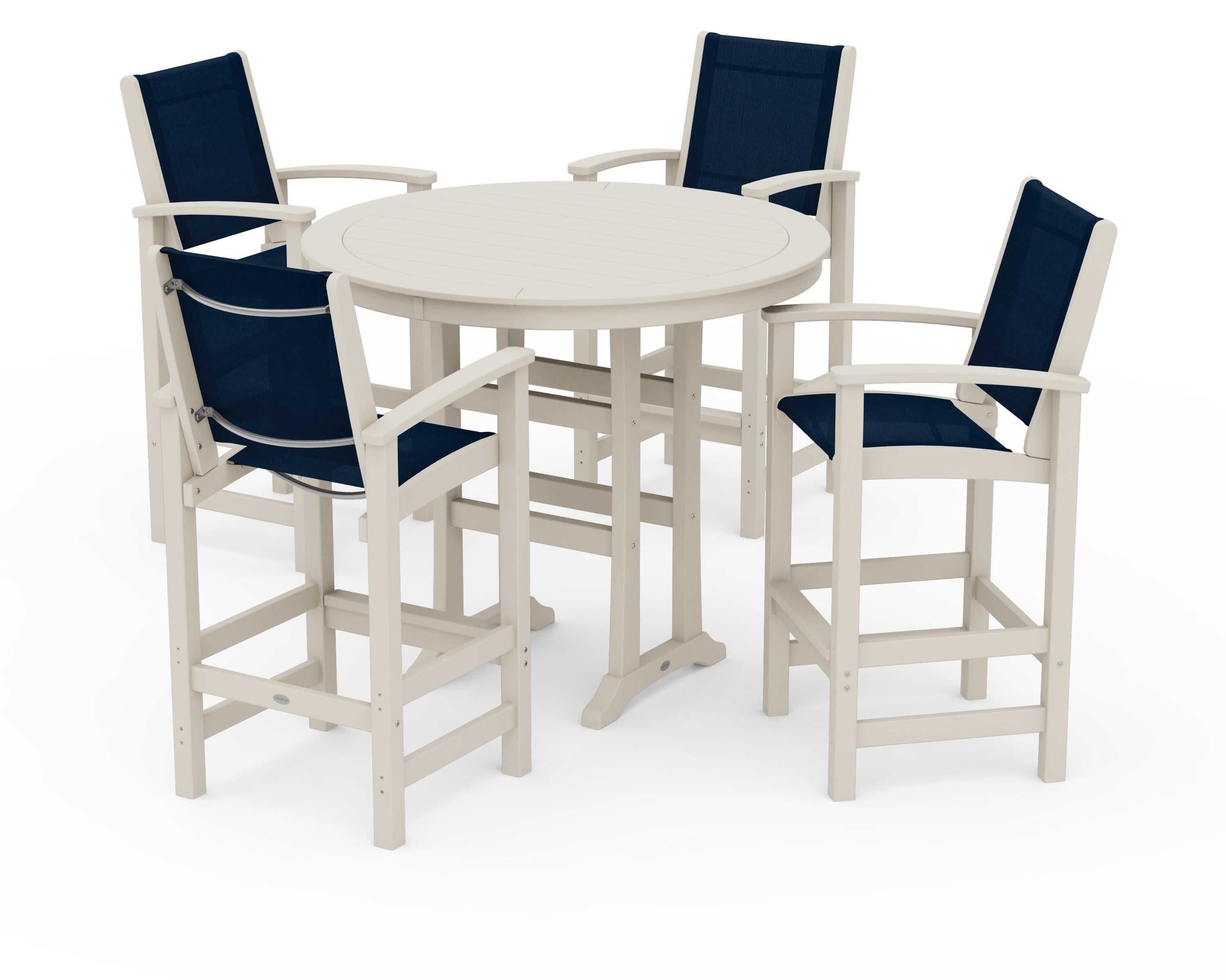 POLYWOOD Coastal 5-Piece Nautical Trestle Bar Set in Sand / Navy Blue Sling