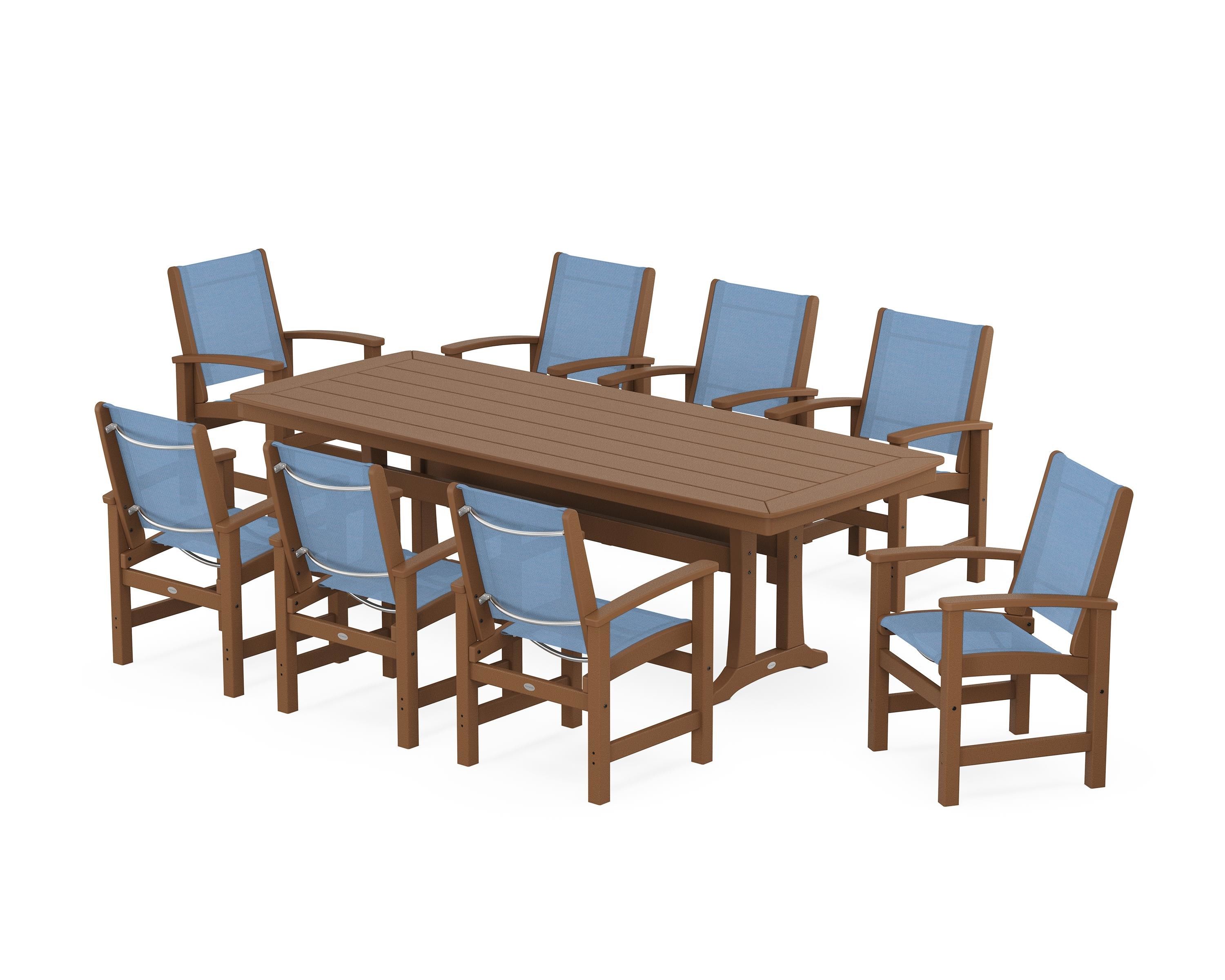 POLYWOOD Coastal 9-Piece Dining Set with Trestle Legs in Teak / Poolside Sling