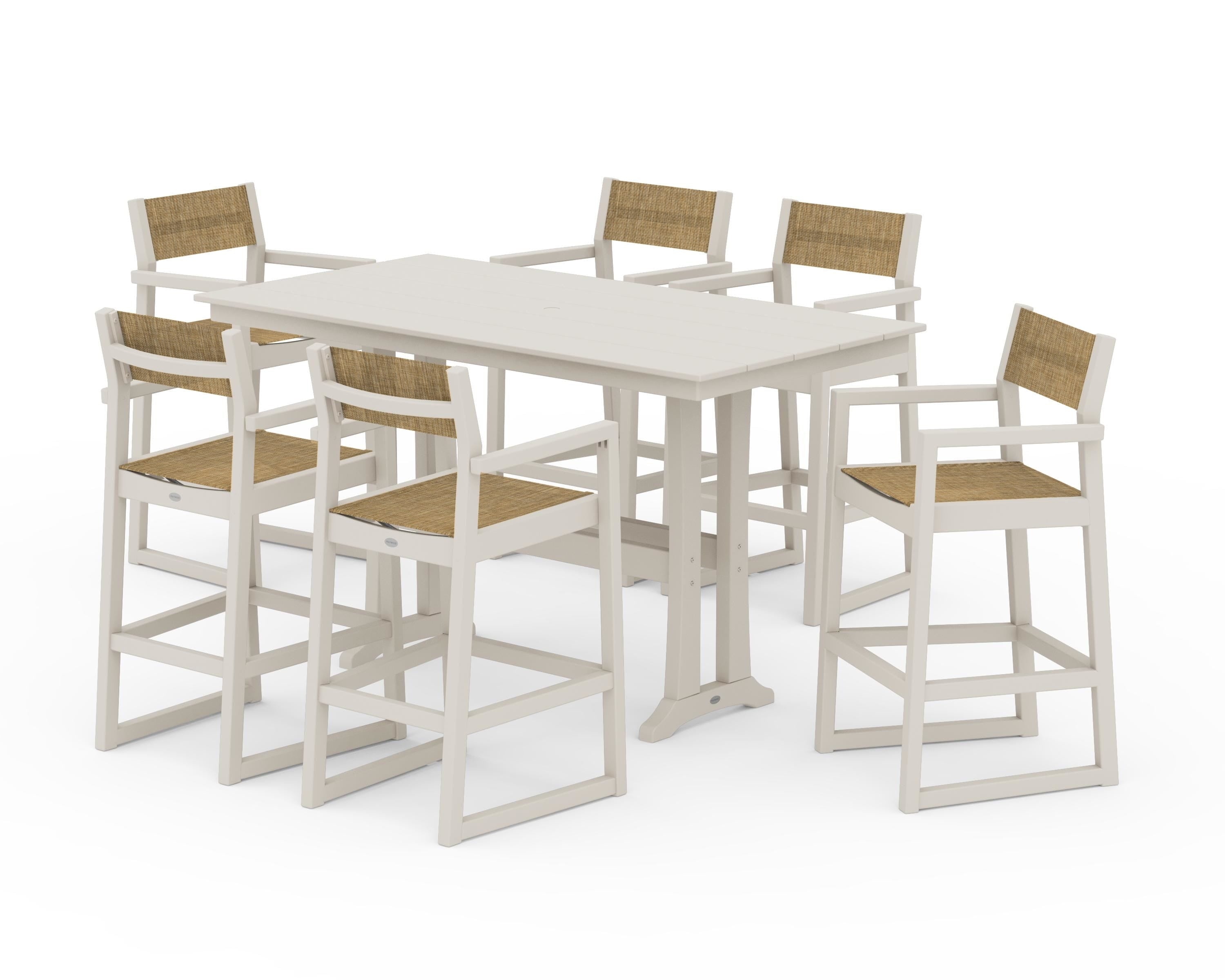 POLYWOOD EDGE Sling Arm Chair 7-Piece Farmhouse Bar Set with Trestle Legs in Sand / Burlap Sling