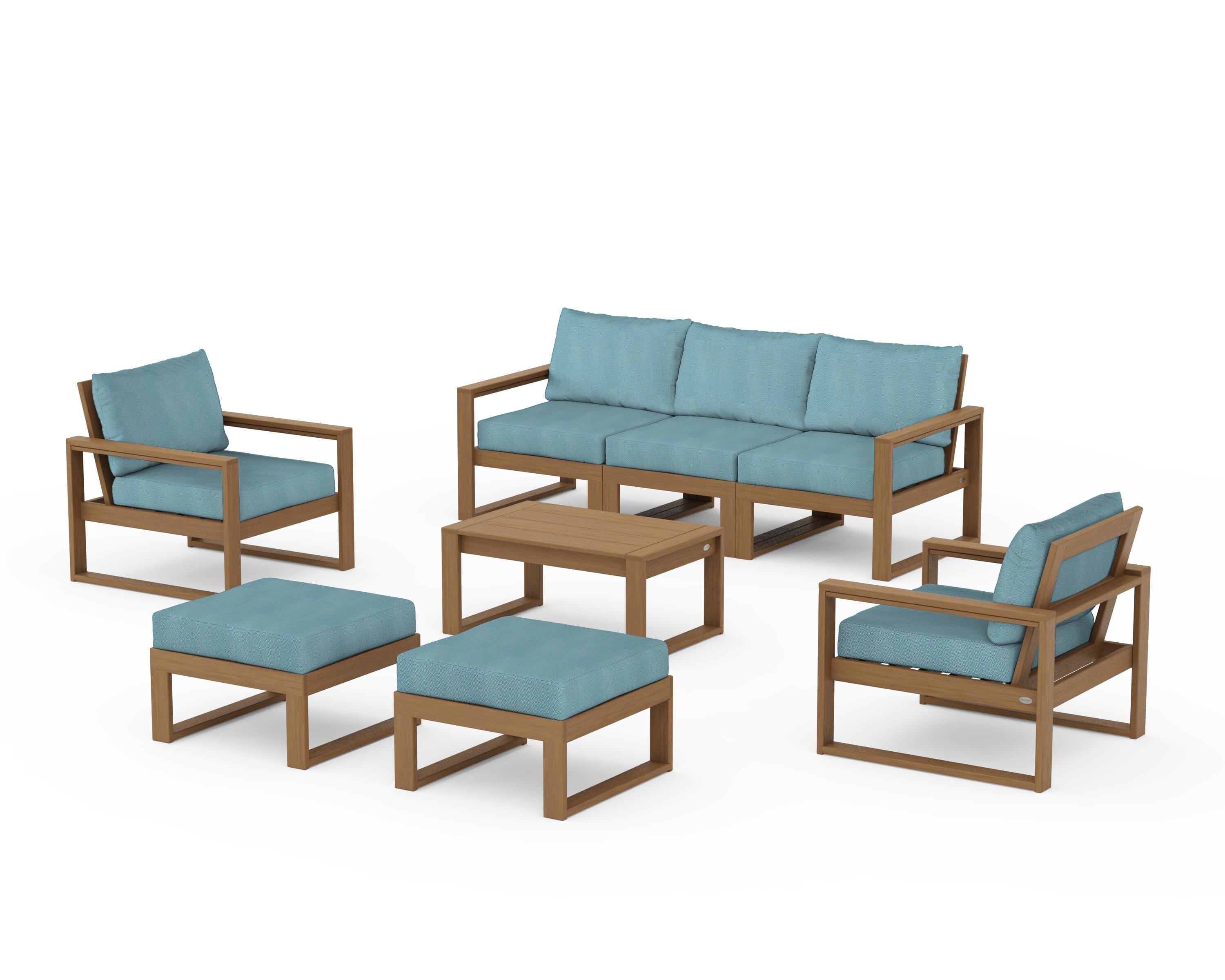 POLYWOOD EDGE Sectional 8-Piece Lounge Sofa Set in Natural / Lattice Sky Blue